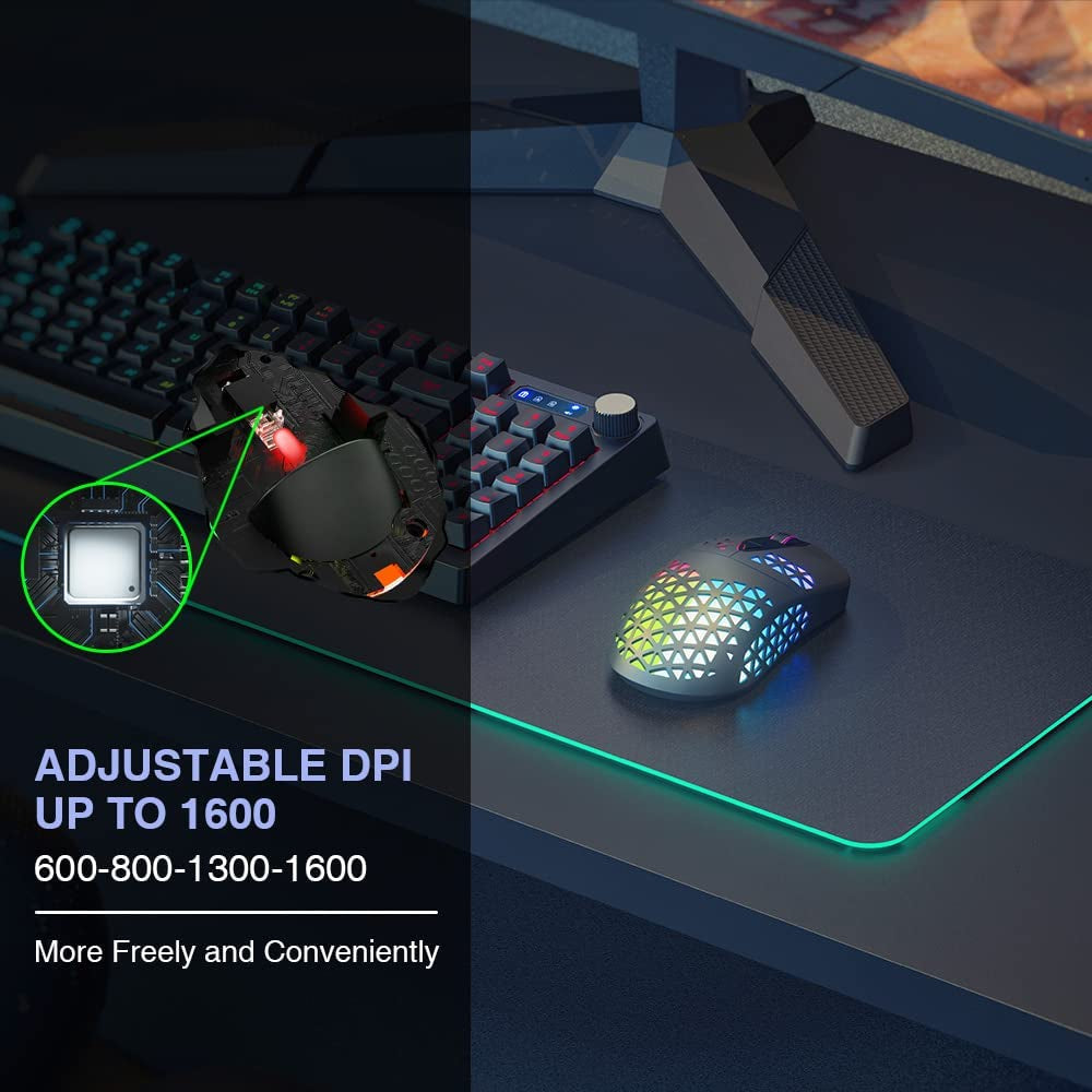 KM-3 Wireless Gaming Mouse, Rechargeable Computer Mouse USB Mice with Honeycomb Shell, 7 Programmed Buttons, 4 Adjustable DPI, BT5.0/ Bt3.0/2.4Ghz Wireless Mouse for Windows PC Mac