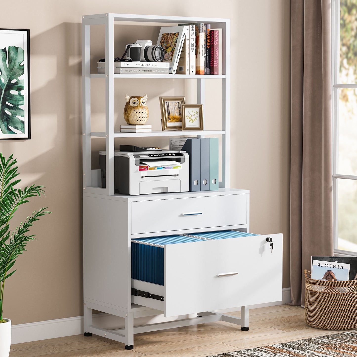 Co & Design 2 Drawer File Cabinet with Lock & Bookshelf, Letter Size Large Printer Stand