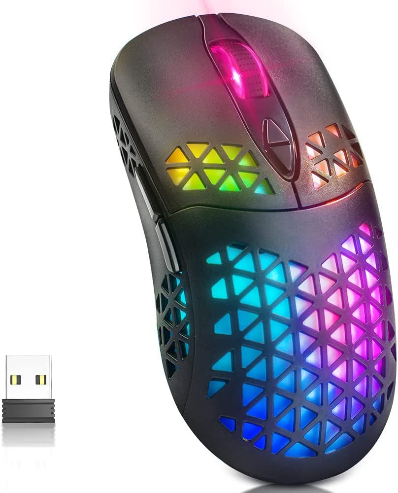 KM-3 Wireless Gaming Mouse, Rechargeable Computer Mouse USB Mice with Honeycomb Shell, 7 Programmed Buttons, 4 Adjustable DPI, BT5.0/ Bt3.0/2.4Ghz Wireless Mouse for Windows PC Mac