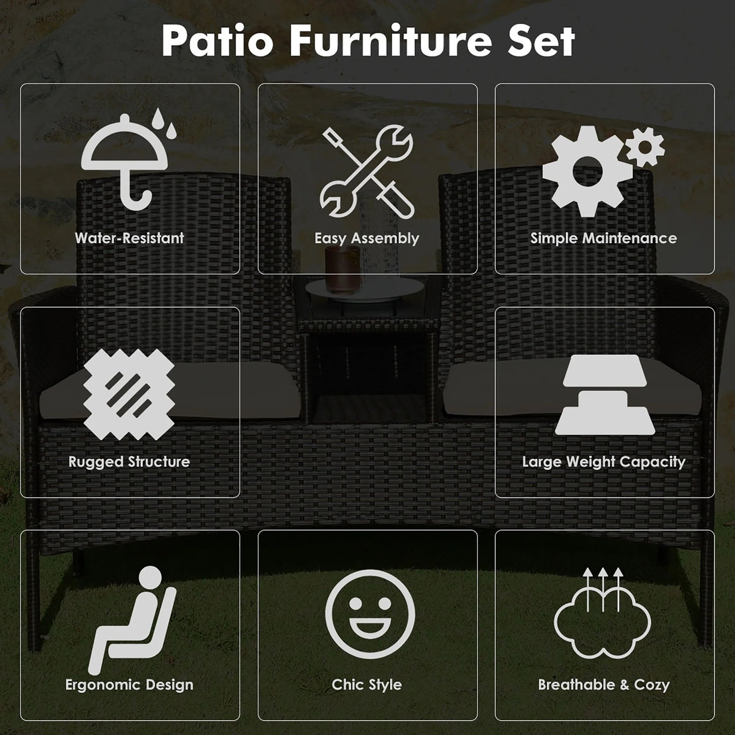 Patio Rattan Conversation Set Loveseat Sofa Cushioned Coffee
