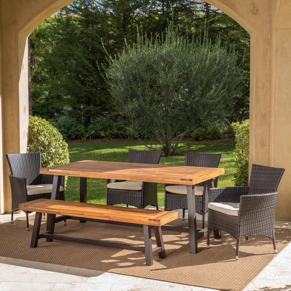Linden Outdoor 6 Piece Rustic Iron and Acacia Wood Dining Set by