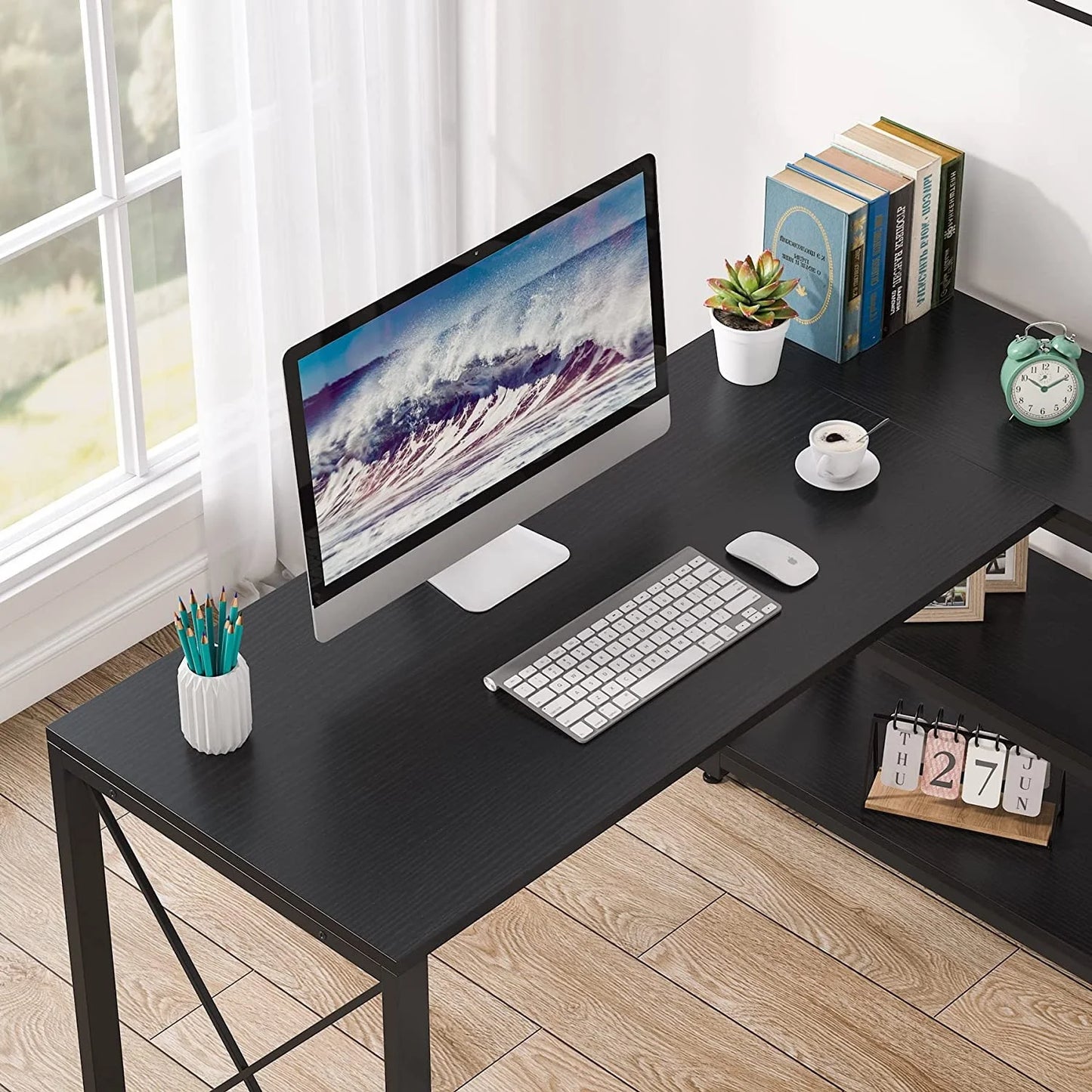 Industrial L-Shaped Desk with Storage Shelves, Corner Computer Desk PC Laptop Study Table Workstation