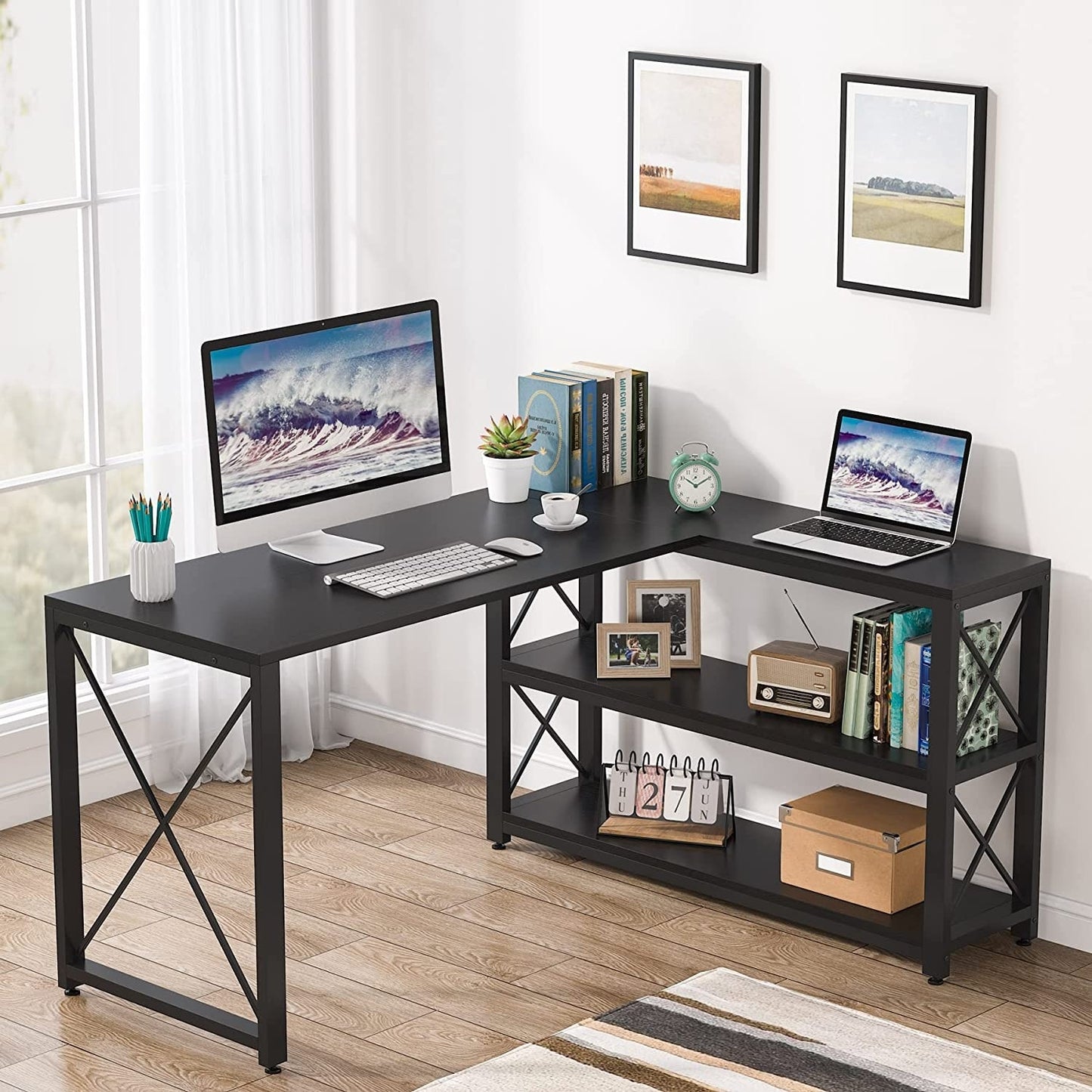 Industrial L-Shaped Desk with Storage Shelves, Corner Computer Desk PC Laptop Study Table Workstation
