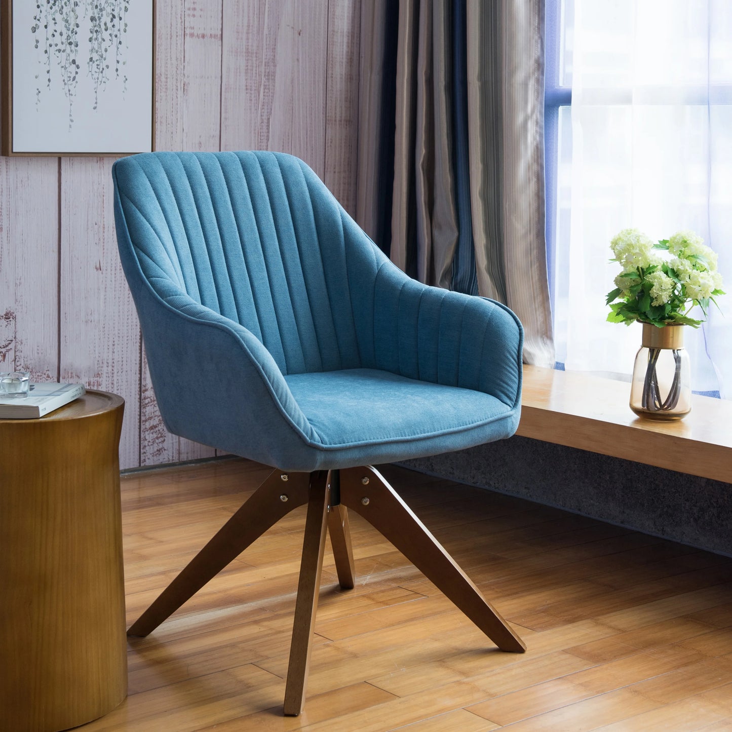 Modern Home Office Swivel Arm Accent Chair with Wood Legs