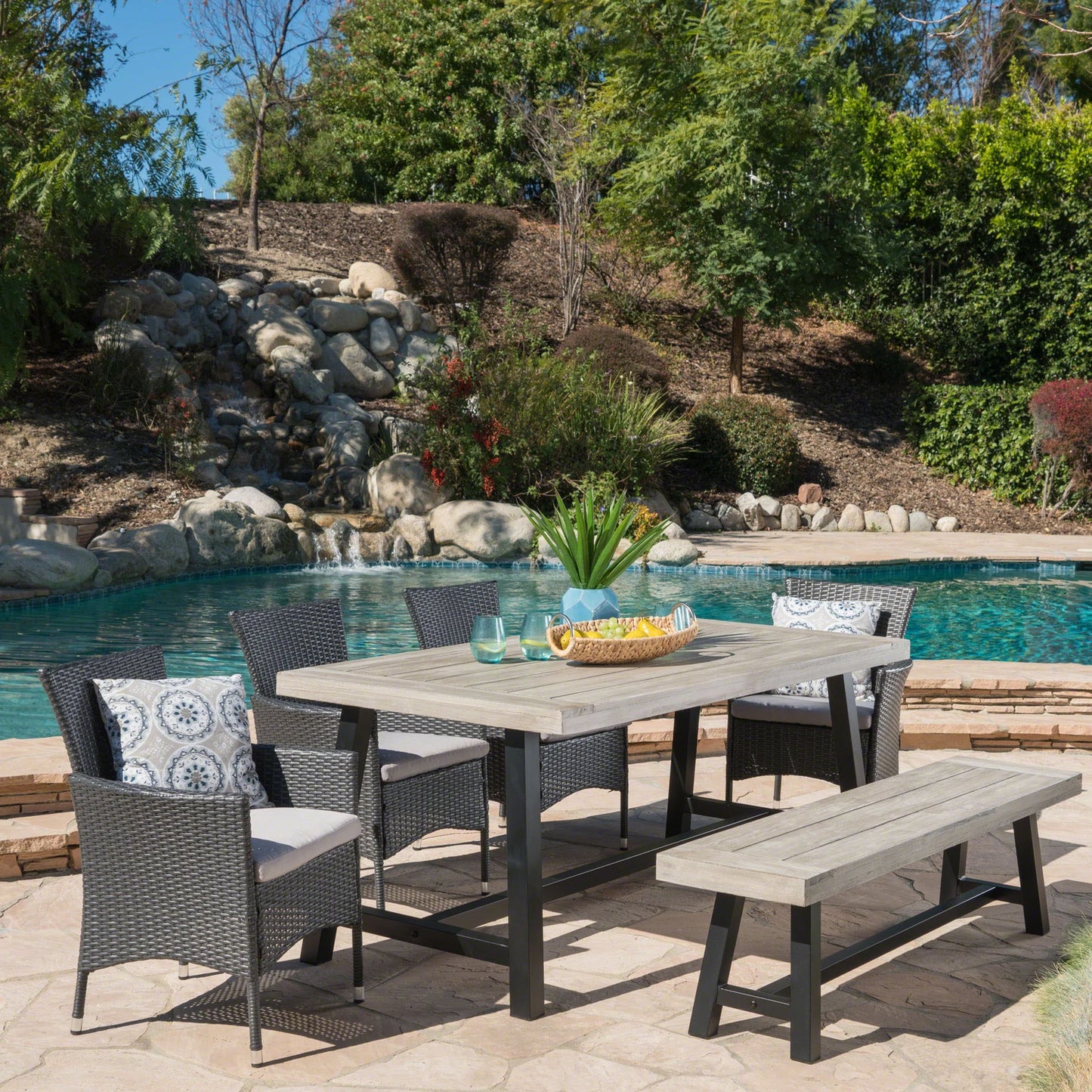 Linden Outdoor 6 Piece Rustic Iron and Acacia Wood Dining Set by