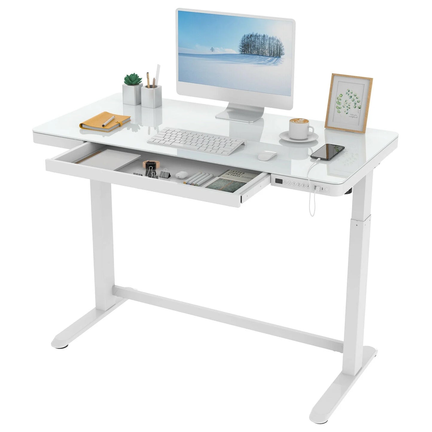 Home Office Electric Height Adjustable Desk 48" Width Standing Desk Computer Desk Glass Top with Drawer, USB Charged