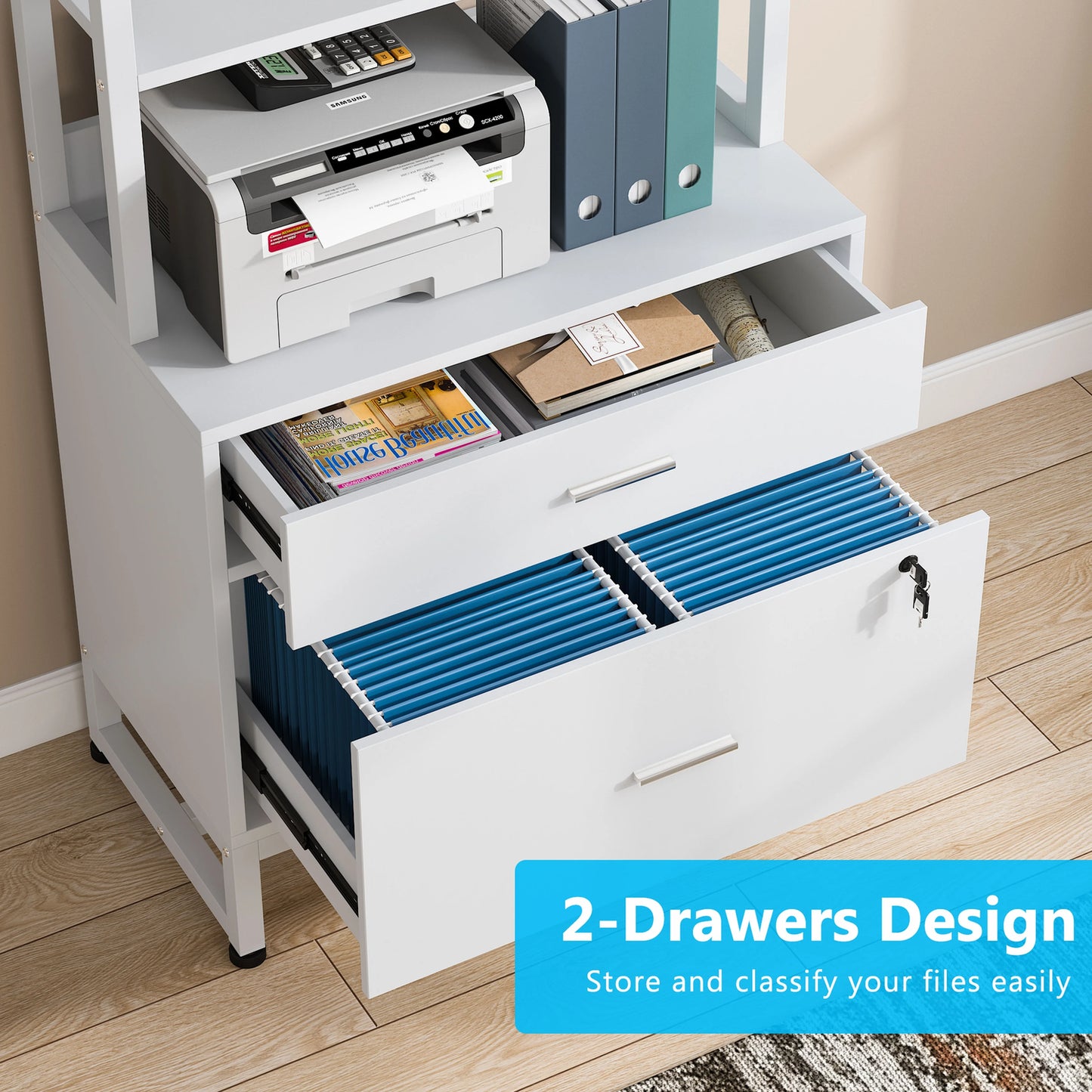 Co & Design 2 Drawer File Cabinet with Lock & Bookshelf, Letter Size Large Printer Stand