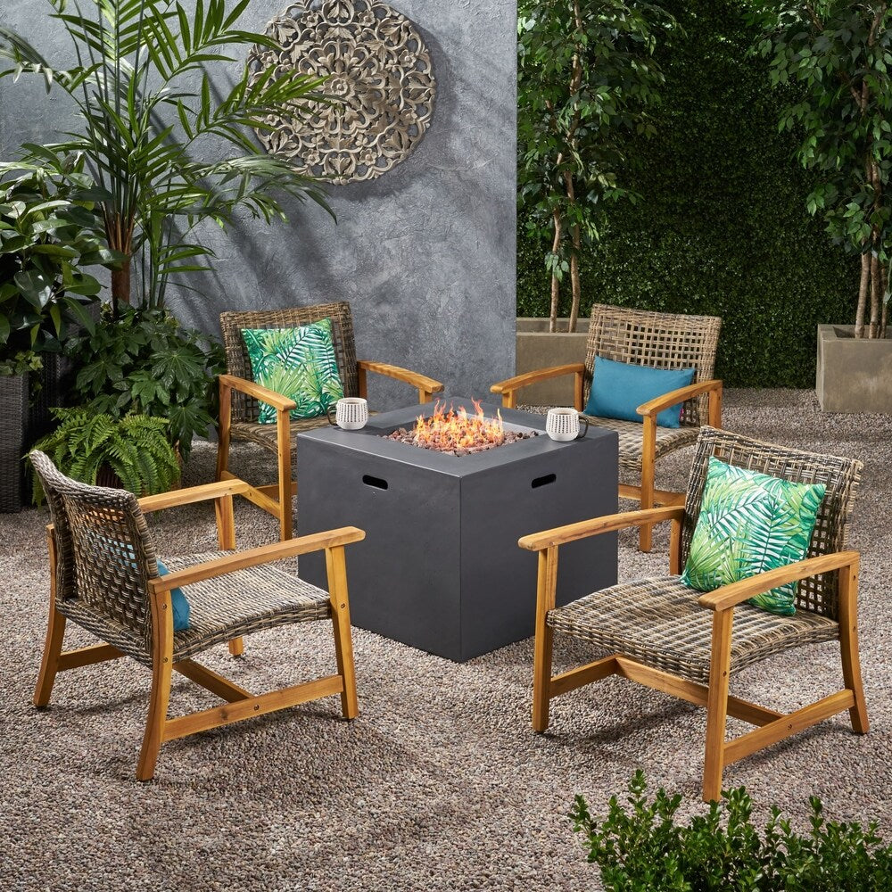 Augusta Outdoor 5 Piece Wood and Wicker Club Chairs and Fire Pit Set by