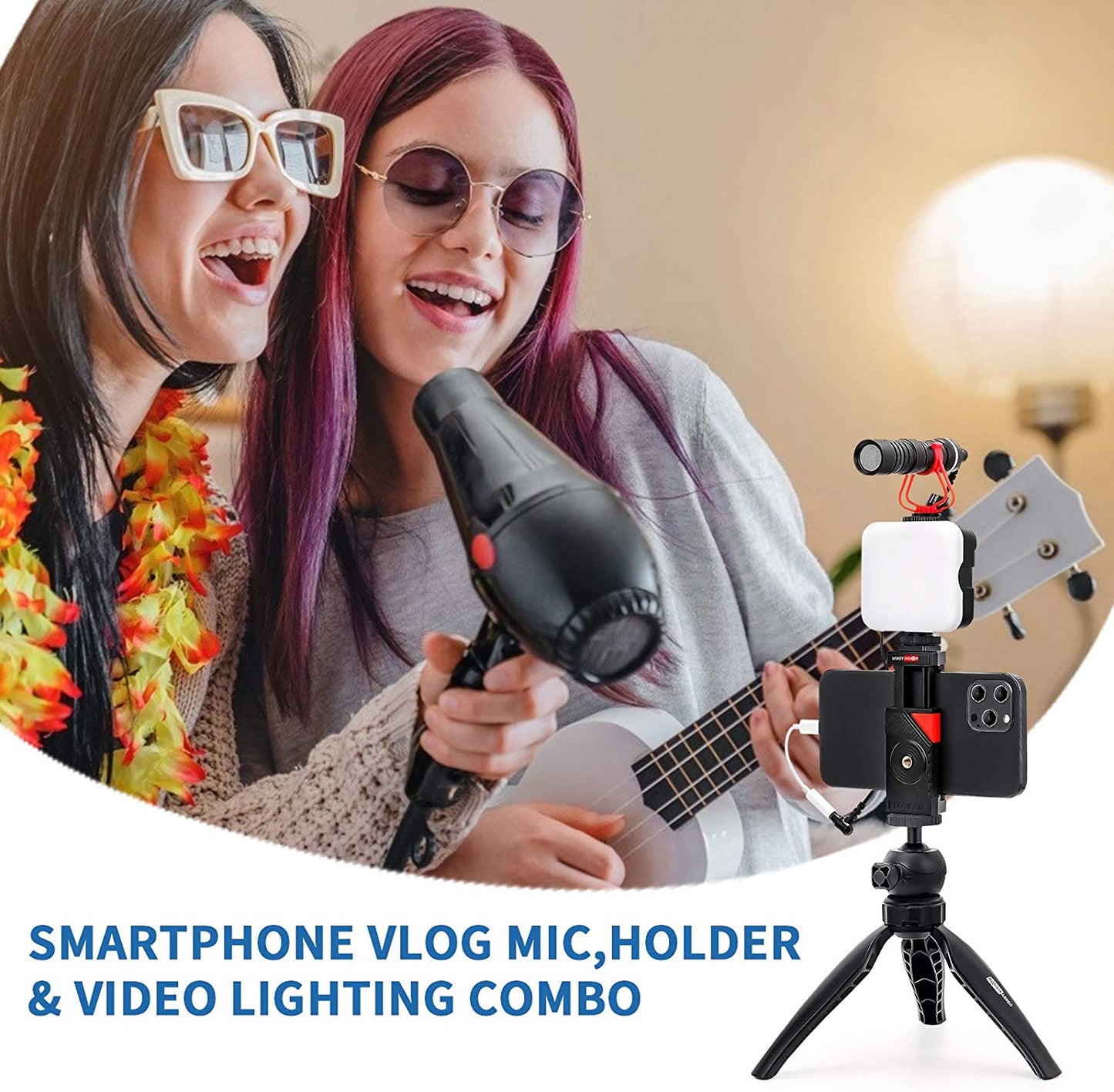 Smartphone Vlog Microphone Light Kit/Video Kit/Blogger Kit for Iphone 13/Mini/Pro/Max, Smartphone and Cameras, with Metal Microphone and Light, for Youtube, Tiktok, Live Steam (Vlog K2)