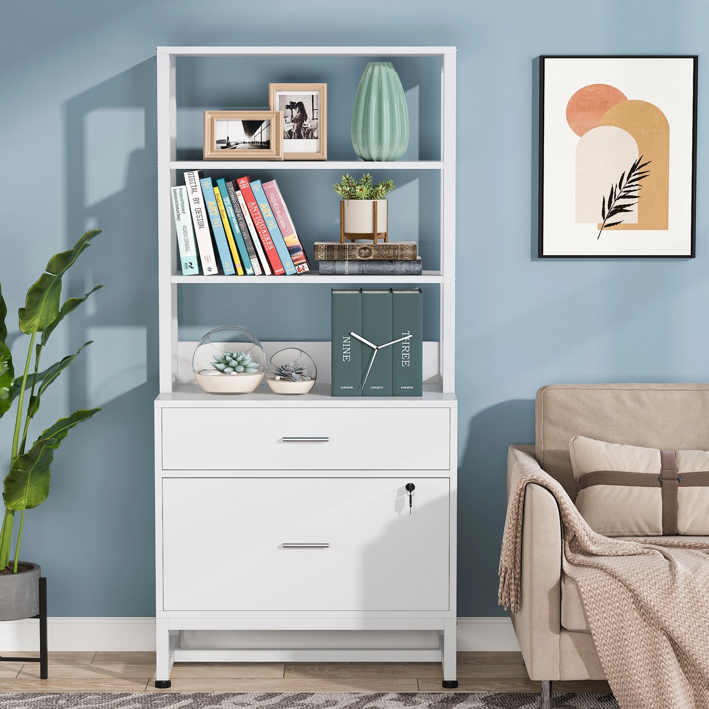 Co & Design 2 Drawer File Cabinet with Lock & Bookshelf, Letter Size Large Printer Stand
