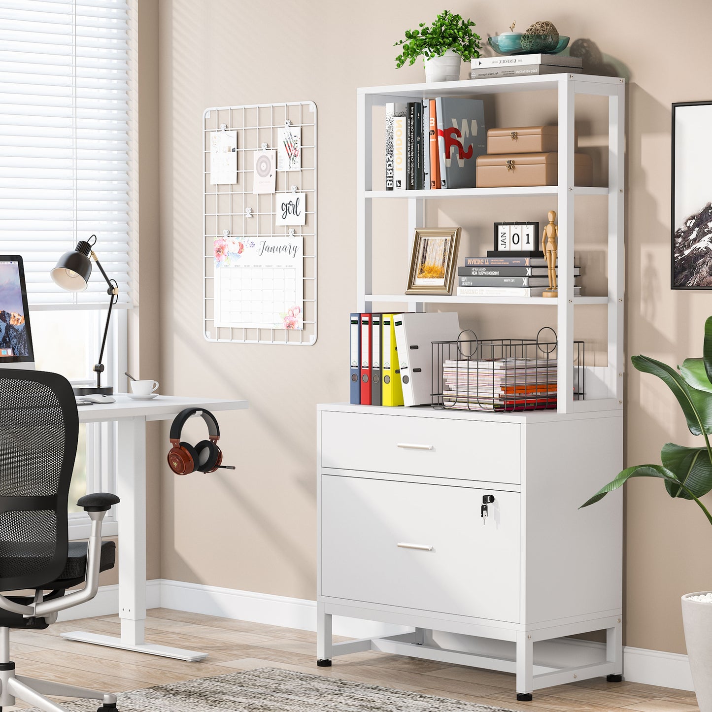 Co & Design 2 Drawer File Cabinet with Lock & Bookshelf, Letter Size Large Printer Stand