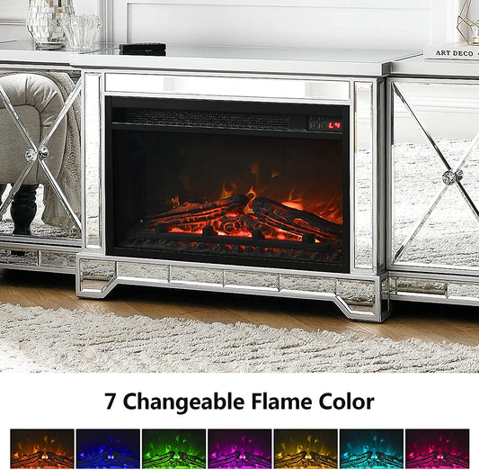 Co & Supply Mirrored Electric Fireplace TV Stand up to 65”, Mirrored TV Stand with 18” LED Fireplace and Remote