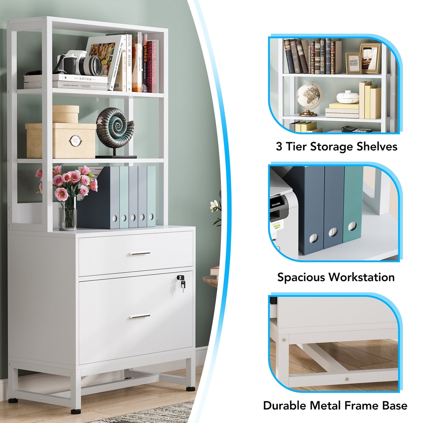 Co & Design 2 Drawer File Cabinet with Lock & Bookshelf, Letter Size Large Printer Stand