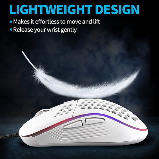 Honeycomb Wired Gaming Mouse, RGB Backlight and 7200 Adjustable DPI, Ergonomic and Lightweight USB Computer Mouse with High Precision Sensor for Windows PC & Laptop Gamers (White)