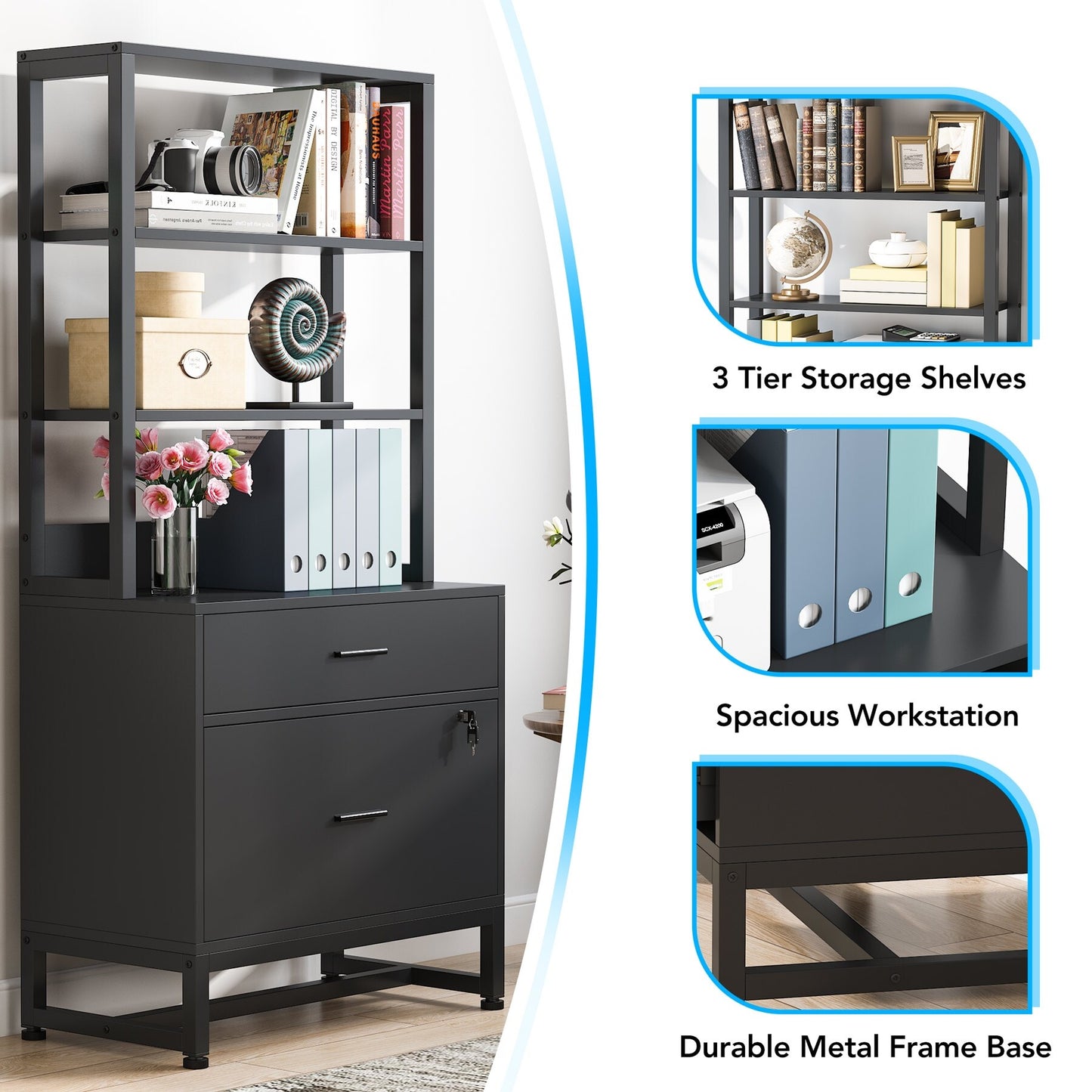 Co & Design 2 Drawer File Cabinet with Lock & Bookshelf, Letter Size Large Printer Stand