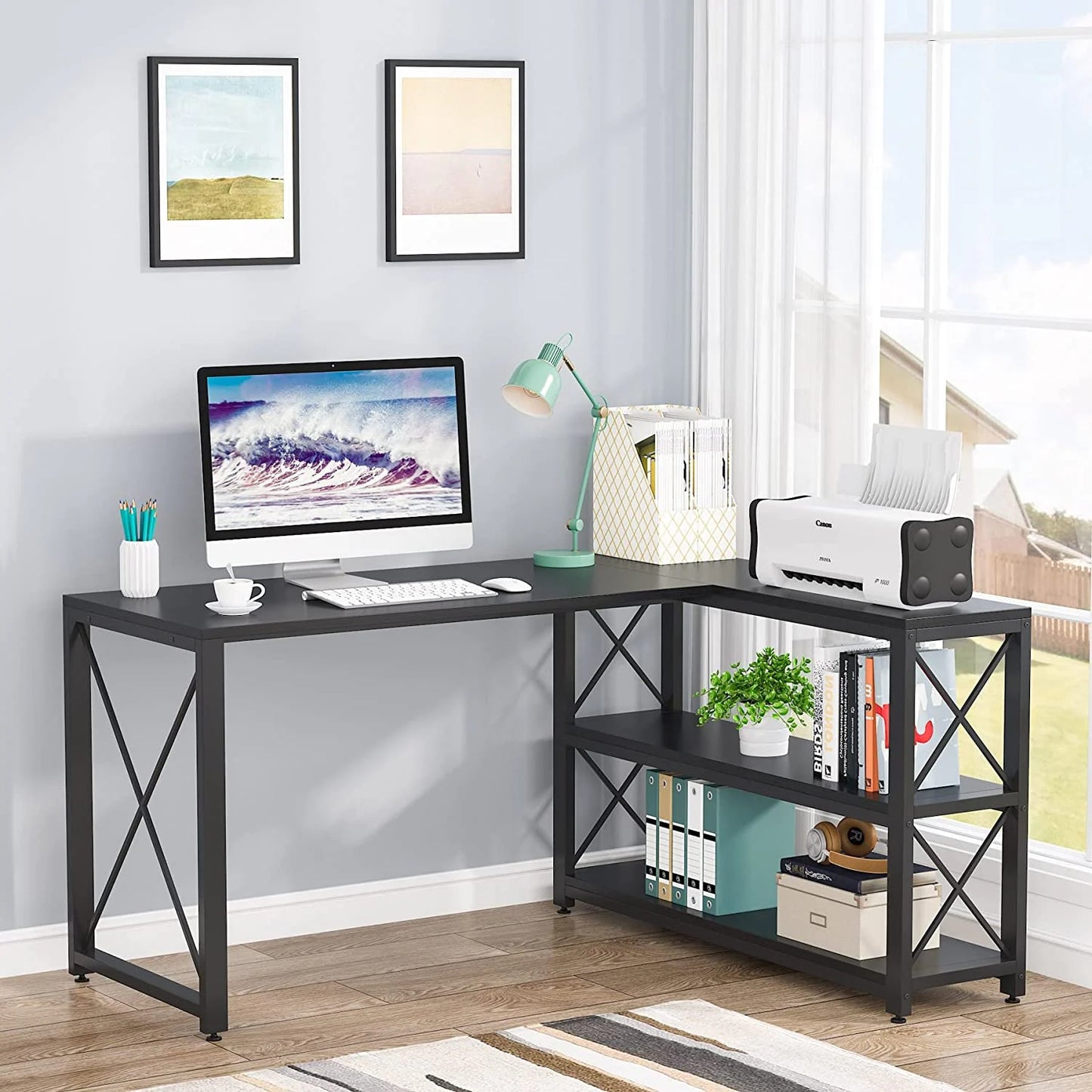 Industrial L-Shaped Desk with Storage Shelves, Corner Computer Desk PC Laptop Study Table Workstation