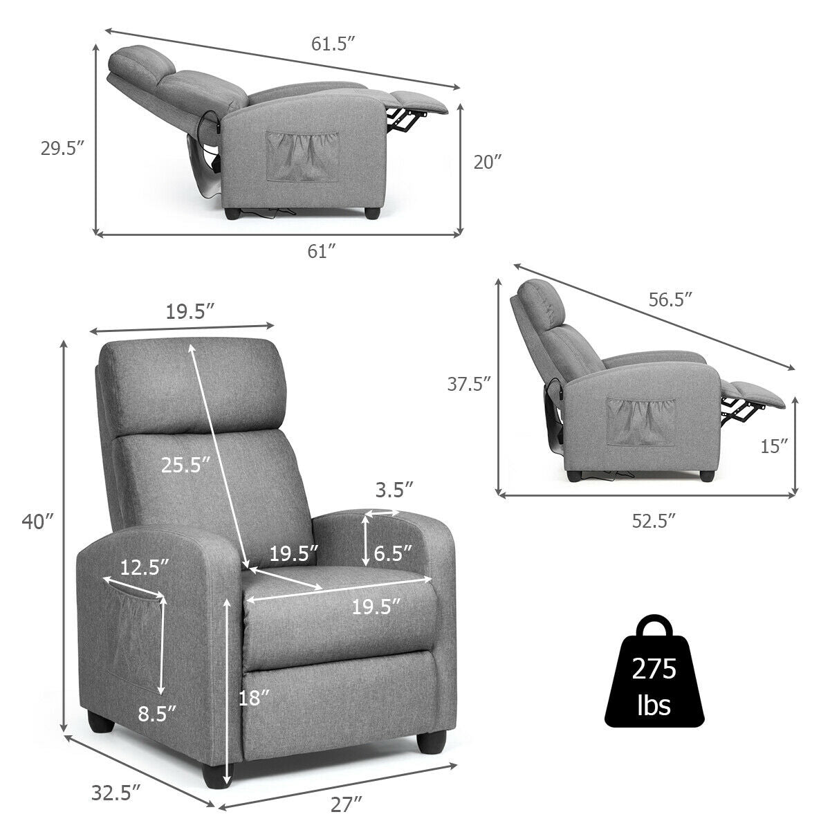 Massage Recliner Chair Single Sofa Fabric Padded Seat W/ Footrest