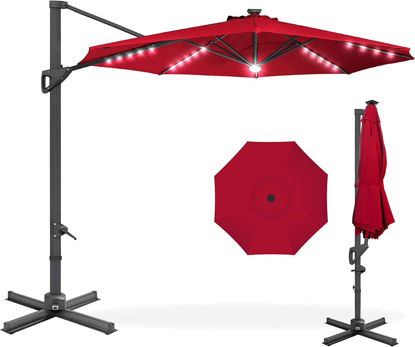 Solar LED Cantilever Patio Umbrella with Lights, 10 Foot Easy Tilt, and Cross Base, 360-Degree Hanging Offset Sun Shade for Backyard, Deck, and Poolside