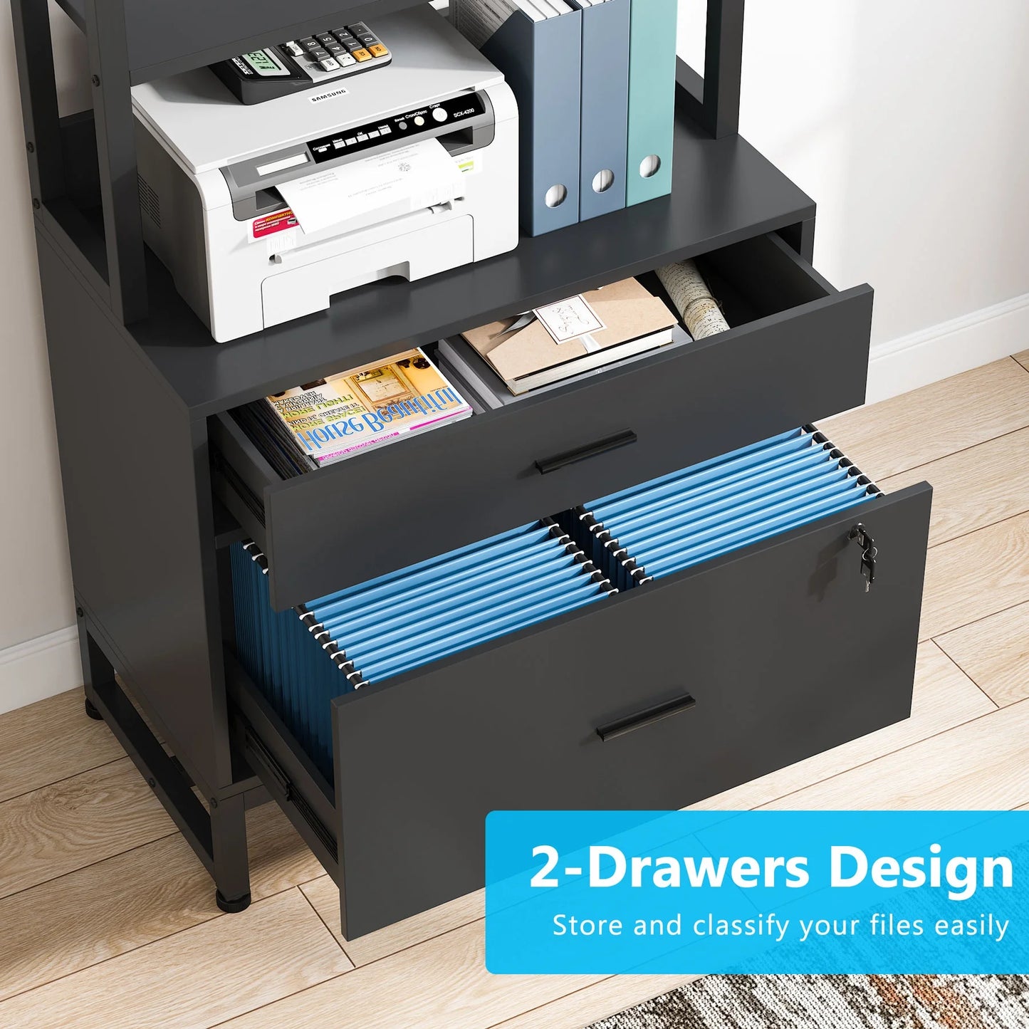 Co & Design 2 Drawer File Cabinet with Lock & Bookshelf, Letter Size Large Printer Stand