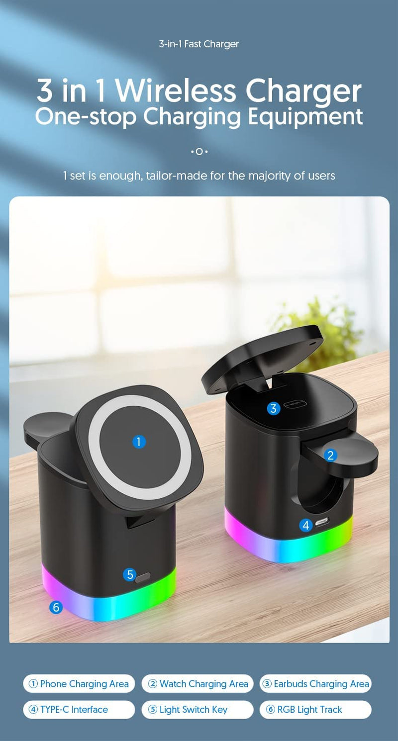 Magnetic Wireless Charging Station for Apple Series 3 in 1 Fast Mag-Safe Wireless Charger Stand for iPhone