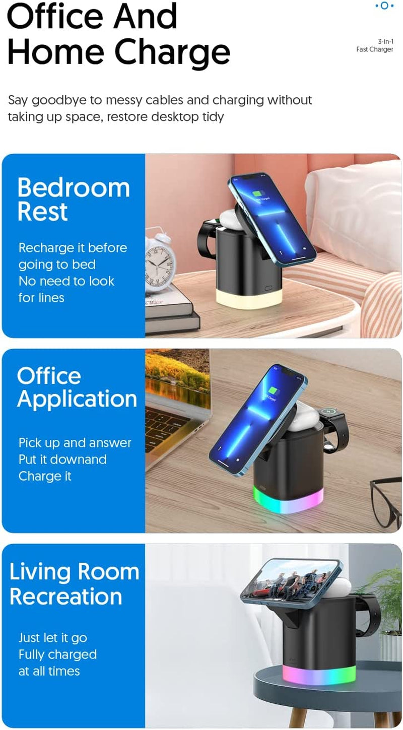 Magnetic Wireless Charging Station for Apple Series 3 in 1 Fast Mag-Safe Wireless Charger Stand for iPhone