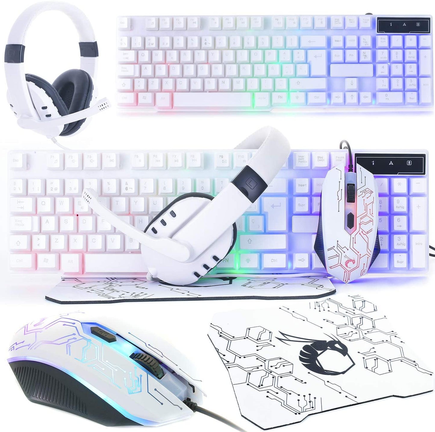 Gaming Keyboard and Mouse and Mouse Pad and Gaming Headset, Wired LED RGB Backlight Bundle for PC Gamers and Xbox and PS4 Users - 4 in 1 Edition Hornet RX-250