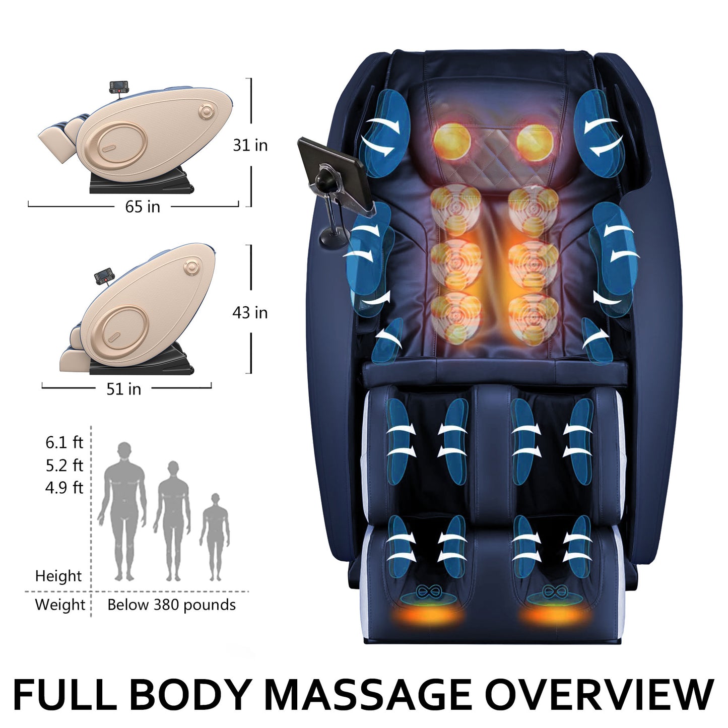 Massage Chair Zero Gravity Full Body with Heating and Bluetooth Blue