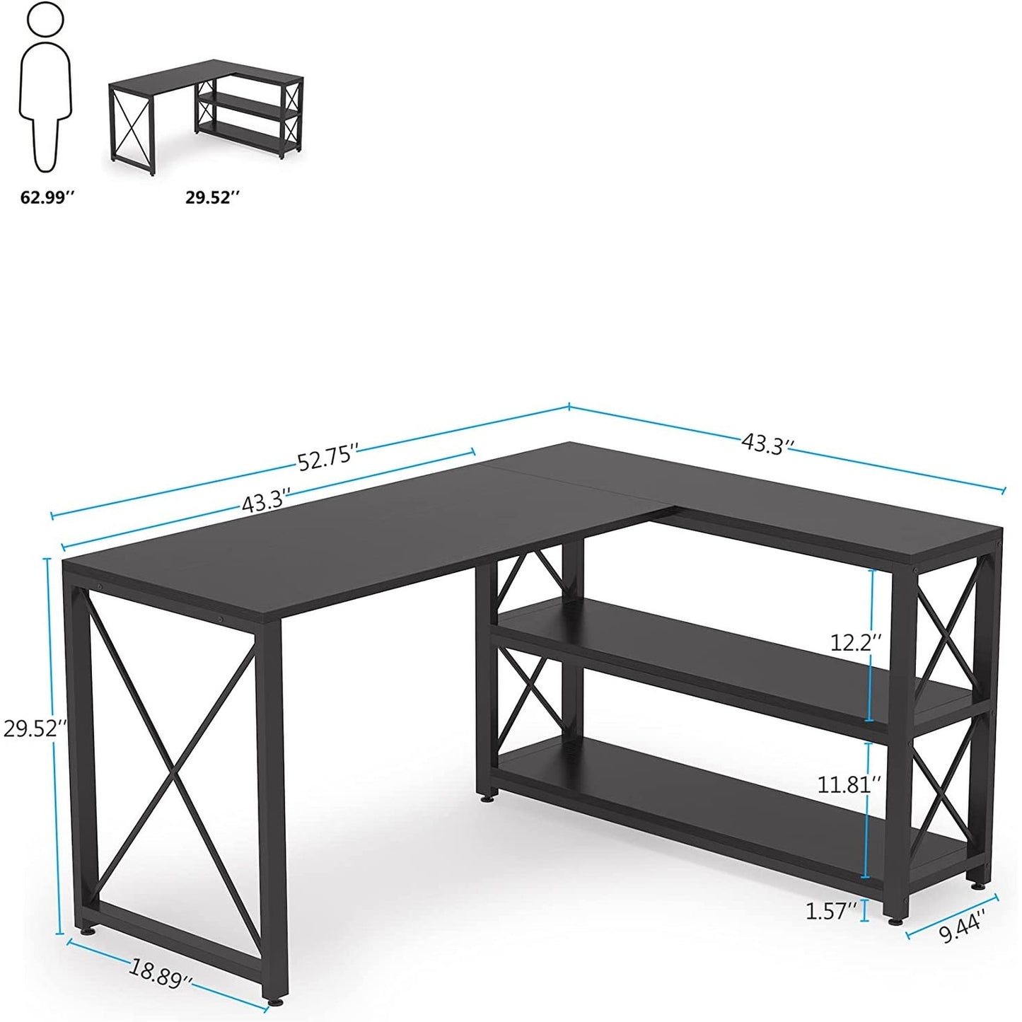 Industrial L-Shaped Desk with Storage Shelves, Corner Computer Desk PC Laptop Study Table Workstation