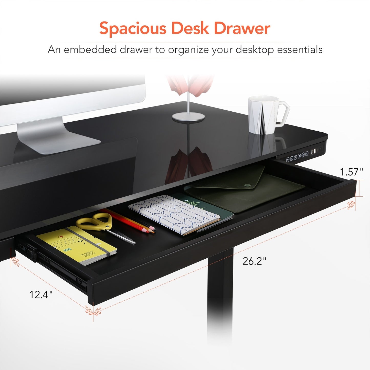 Home Office Electric Height Adjustable Desk 48" Width Standing Desk Computer Desk Glass Top with Drawer, USB Charged