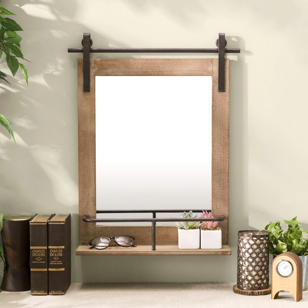 Rustic Barn Door Wall Vanity Mirror with Shelf