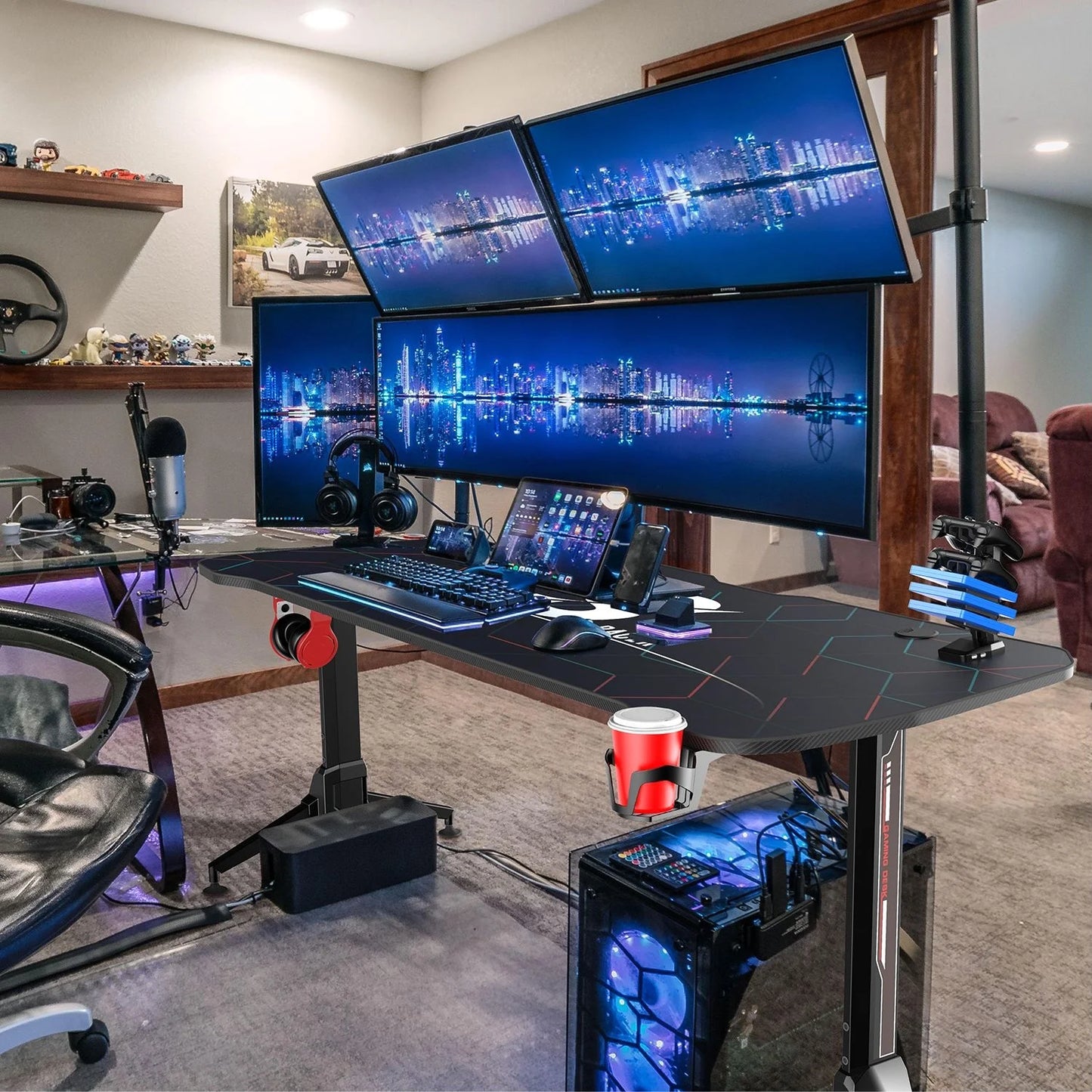 Height Adjustable Gaming Desk 63 Inch T Shape Pc Computer Desk Office Worksation