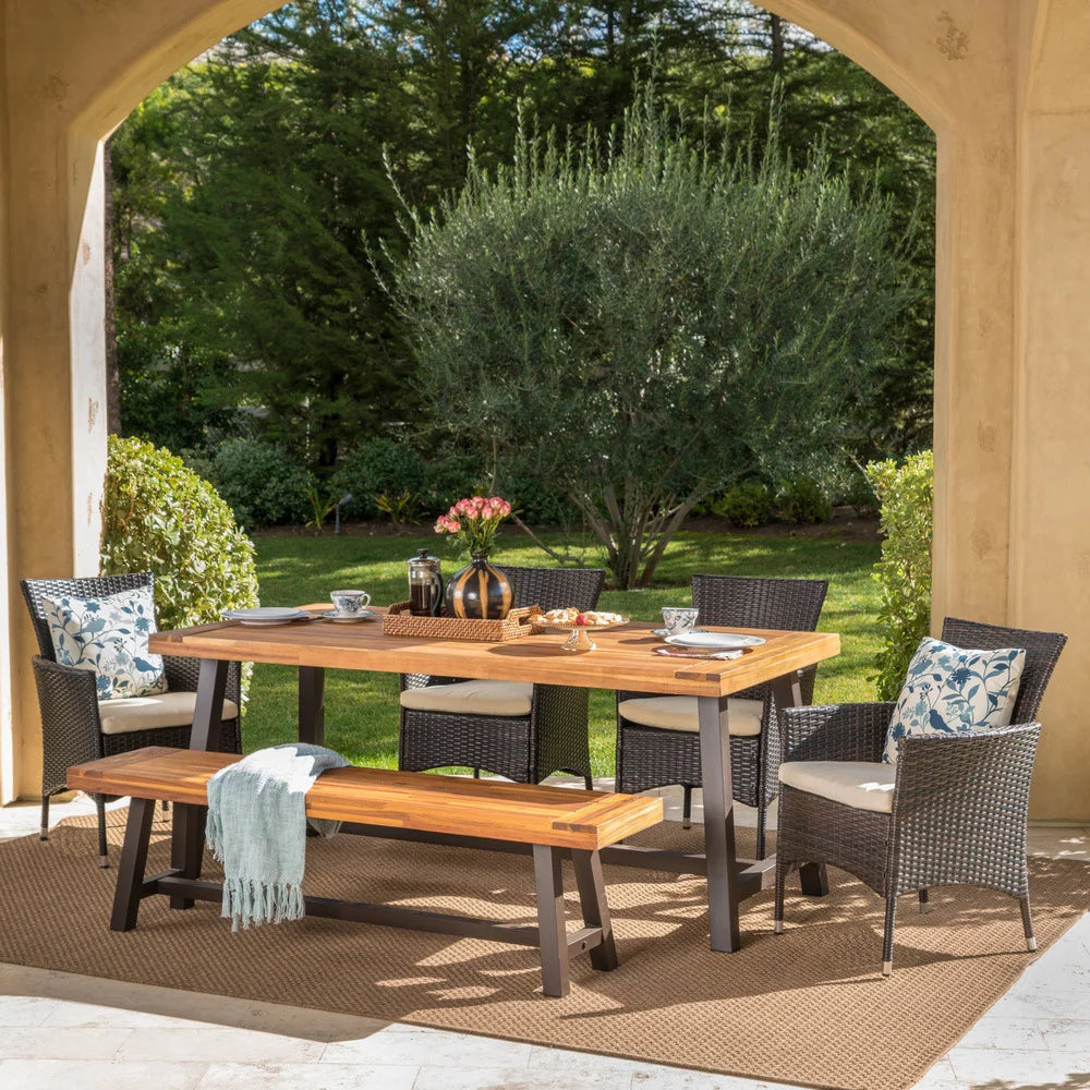 Linden Outdoor 6 Piece Rustic Iron and Acacia Wood Dining Set by