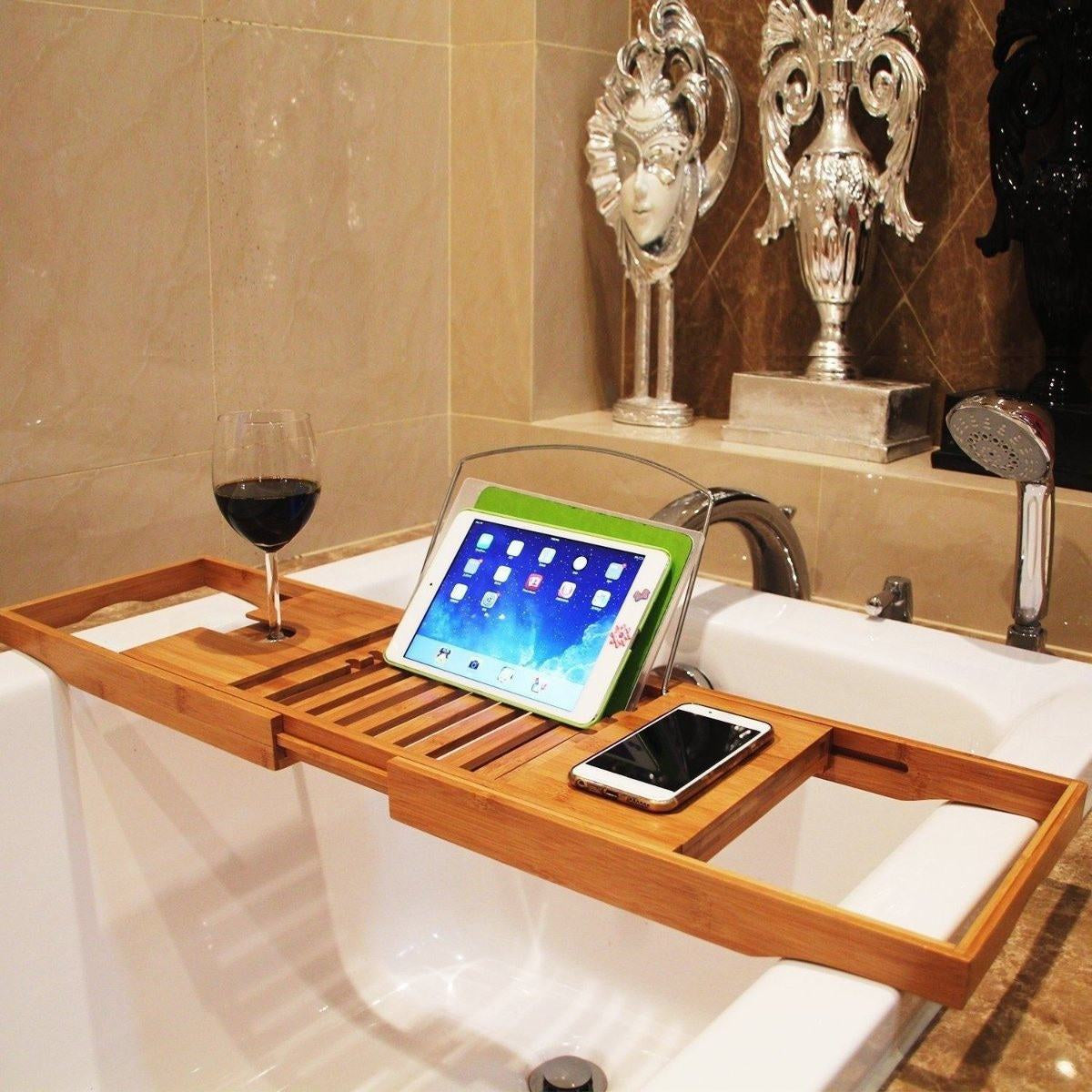 Extendable Bathroom Shelf Bathtub Tray Shower Caddy Bamboo Bath Tub Rack Towel Wine Book Holder Storage Organization Accessories