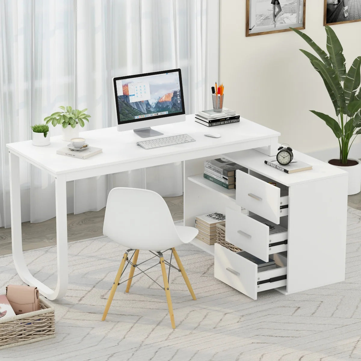 L-Shaped Executive Desk with 3 Drawers for Home and Office