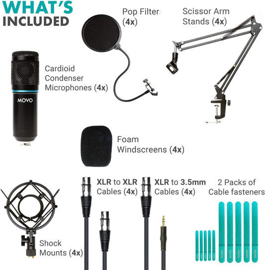 4-Pack Universal XLR Condenser Microphone Podcast Equipment Bundle for 4 - Includes Cardioid Mics, Desk Mount Stands, Shock Mounts, Pop Filters, and Audio Cables - Great for Zoom, Music, Youtube