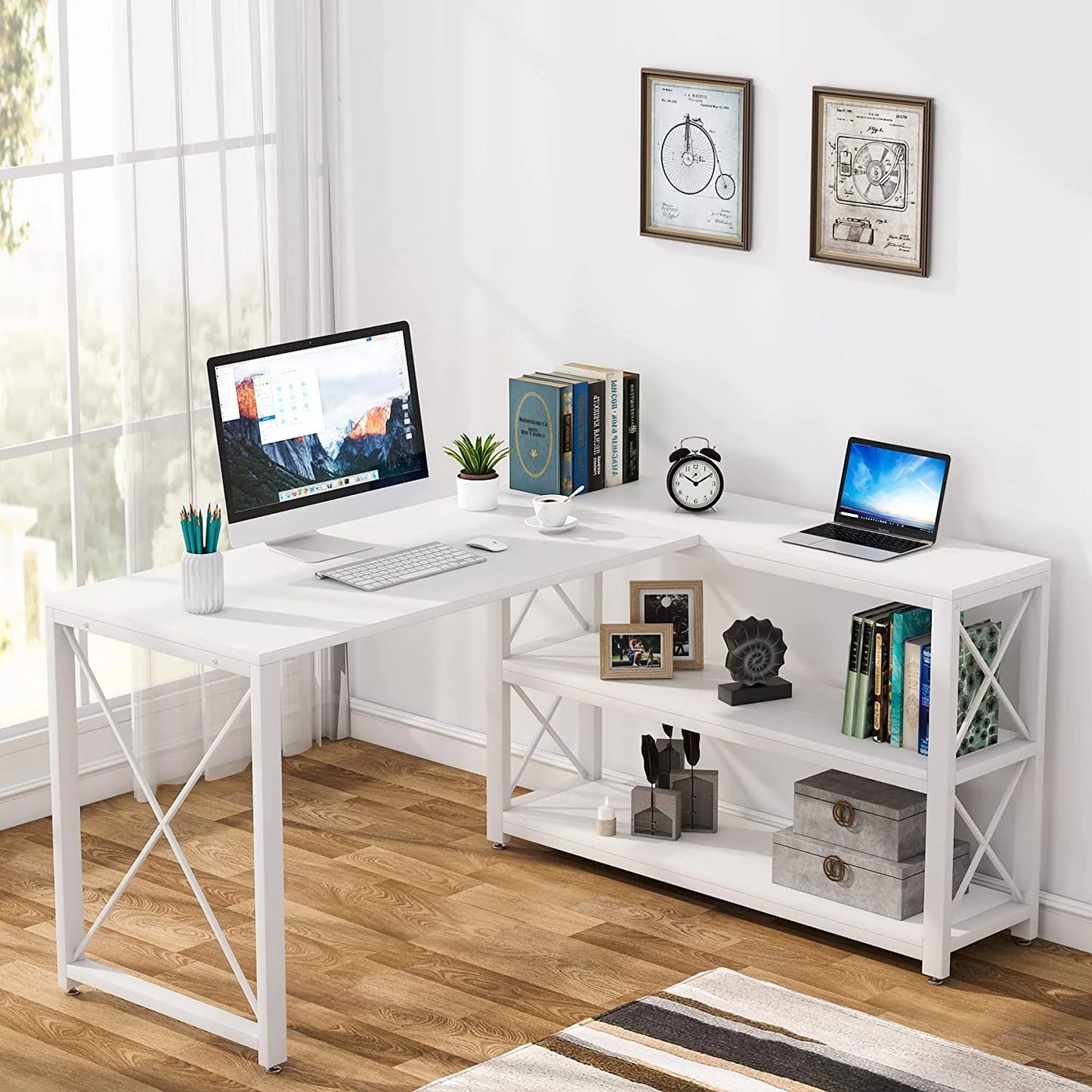 Industrial L-Shaped Desk with Storage Shelves, Corner Computer Desk PC Laptop Study Table Workstation