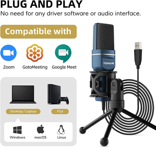 USB Microphone, Computer Cardioid Condenser PC Gaming Mic with Tripod Stand & Pop Filter for Streaming, Podcasting, Vocal Recording, Compatible with Laptop Desktop Windows Computer, TC-777