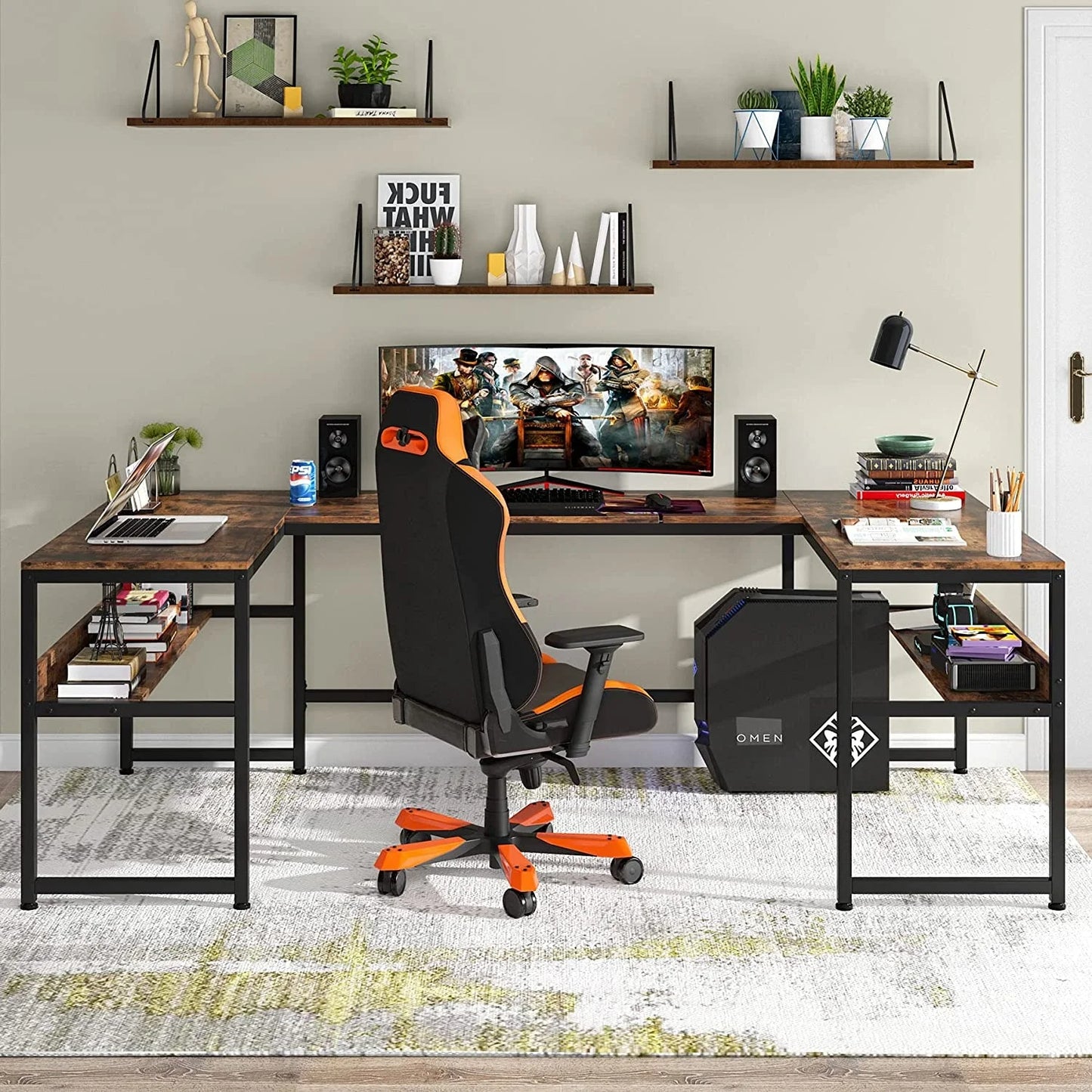U- Shaped Desk with Bookshelf and Tiltable Drawing Board Large L Shaped Computer Desk Table