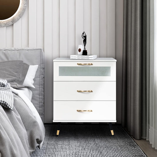 White Nightstand Set of 2 Modern 3 Drawer Nightstand with Glass Door, Gold Leg and Handle, Bedside Cabinet Furniture Side Table Chest for Bedroom