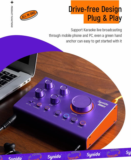 Audio Interface Sound Card, Beginner Podcast Equipment Bundle with 3.5Mm Microphone for Live Streaming, PC, Mac, Recording, Gaming, Guitar