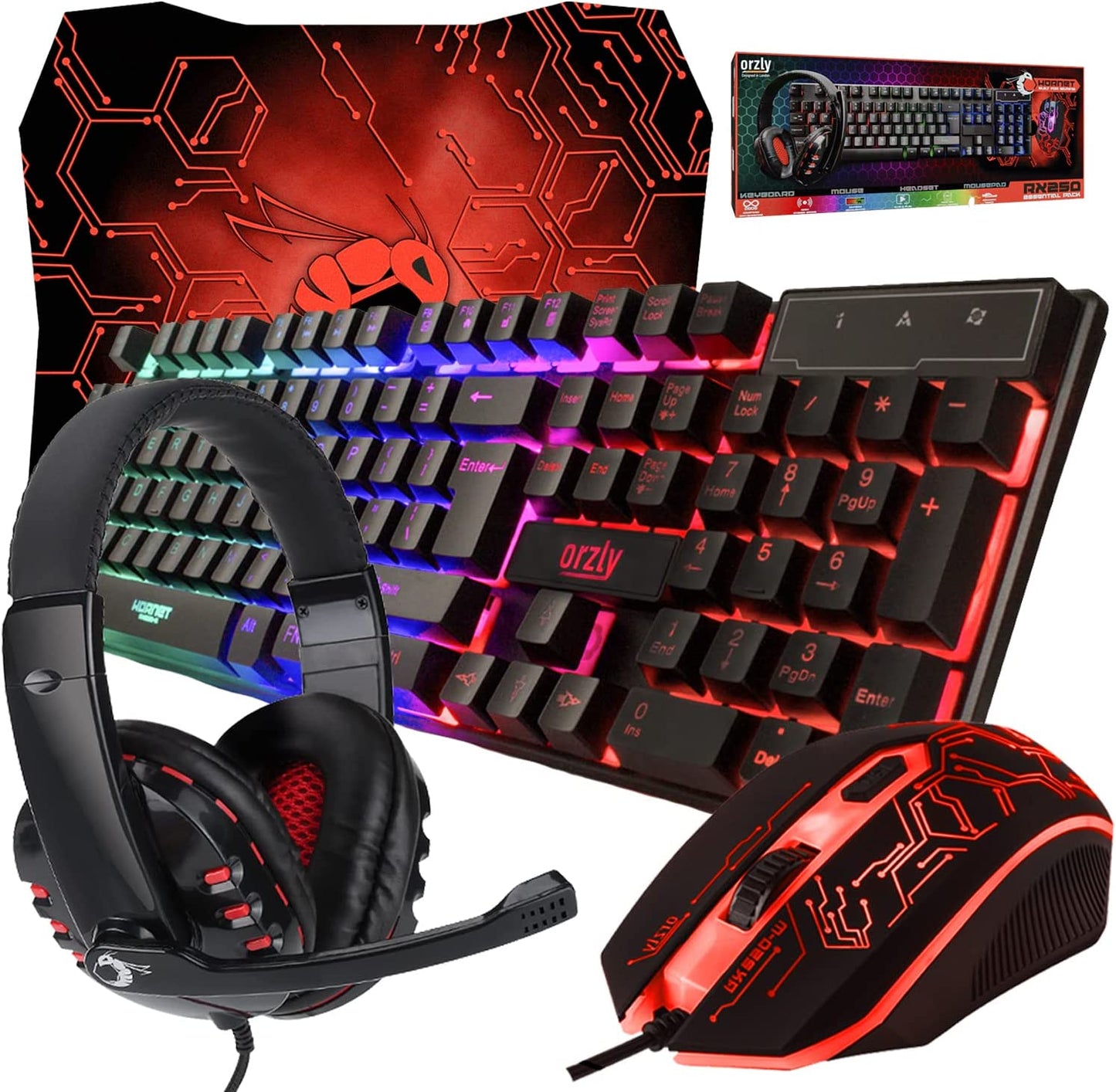 Gaming Keyboard and Mouse and Mouse Pad and Gaming Headset, Wired LED RGB Backlight Bundle for PC Gamers and Xbox and PS4 Users - 4 in 1 Edition Hornet RX-250
