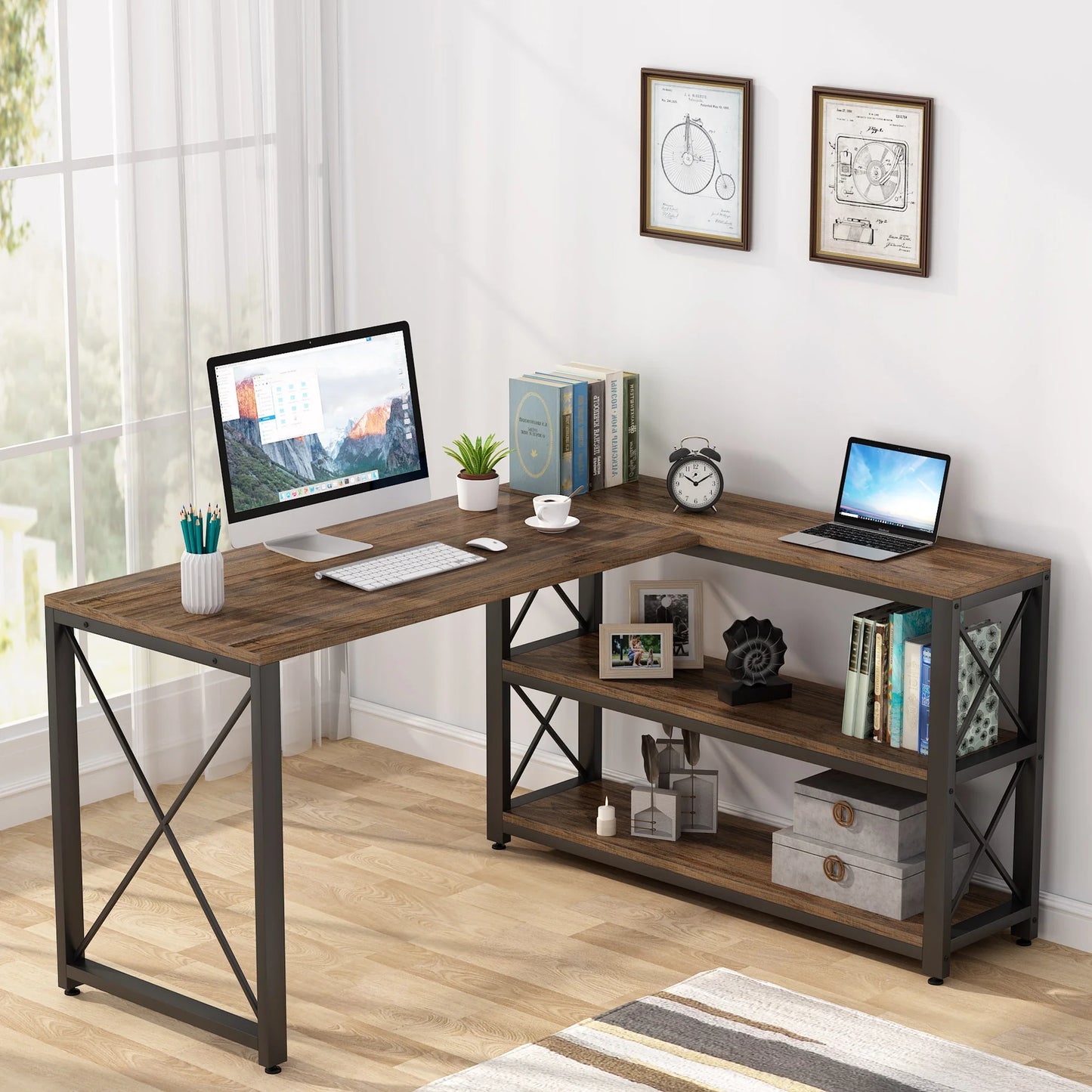Industrial L-Shaped Desk with Storage Shelves, Corner Computer Desk PC Laptop Study Table Workstation