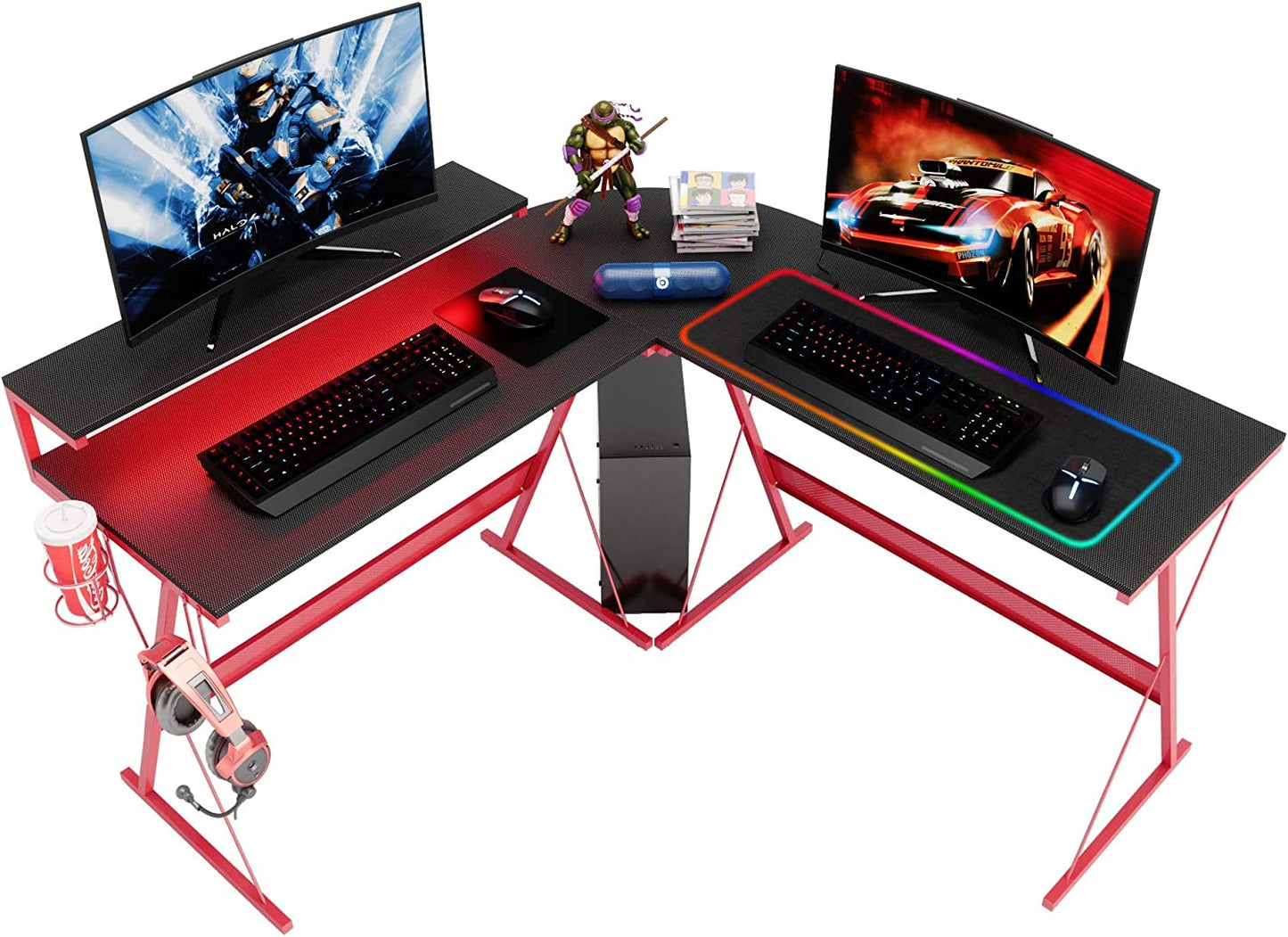 Gaming Desk 55 Inch LED L Shaped Computer Corner Desk with 36" Large Monitor Shelf Gamer Desk Workstation Reversible 72" Long Desk for 2 Persons Cup Holder Headset Hook, Carbon Fiber Black