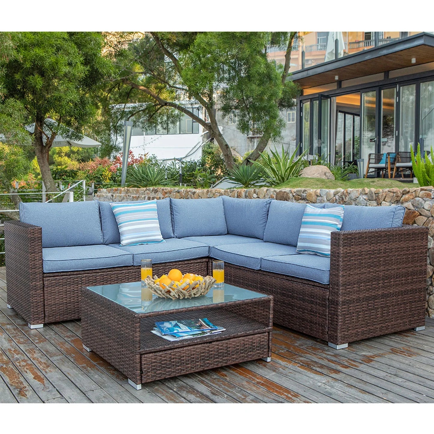 4-Piece Patio Outdoor Cushioned Wicker Sectional Sofa Set