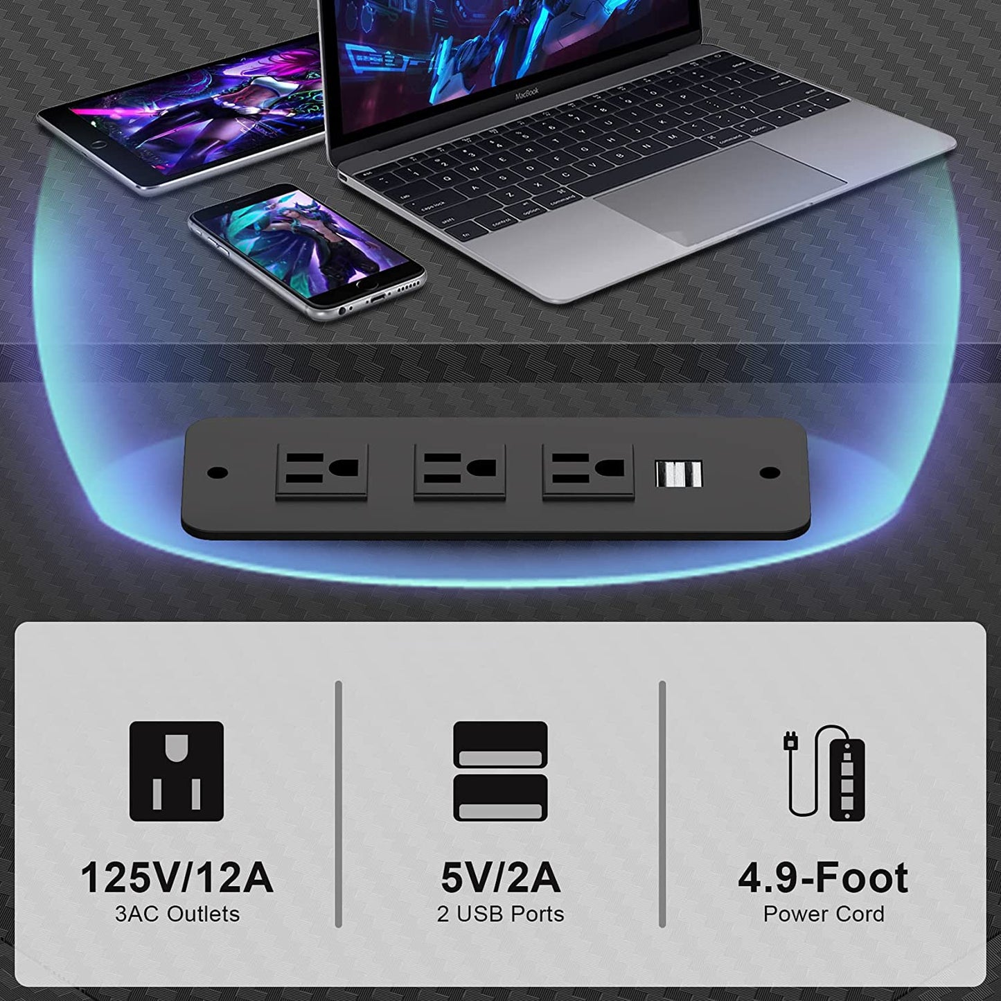 Gaming Desk with Led Lights and Power Strip L Shaped Desk Corner Computer Desk with Monitor Stand, Carbon Fiber Surface Gaming Table with Desk Accessories Cup Holder Headphone Hook, Black