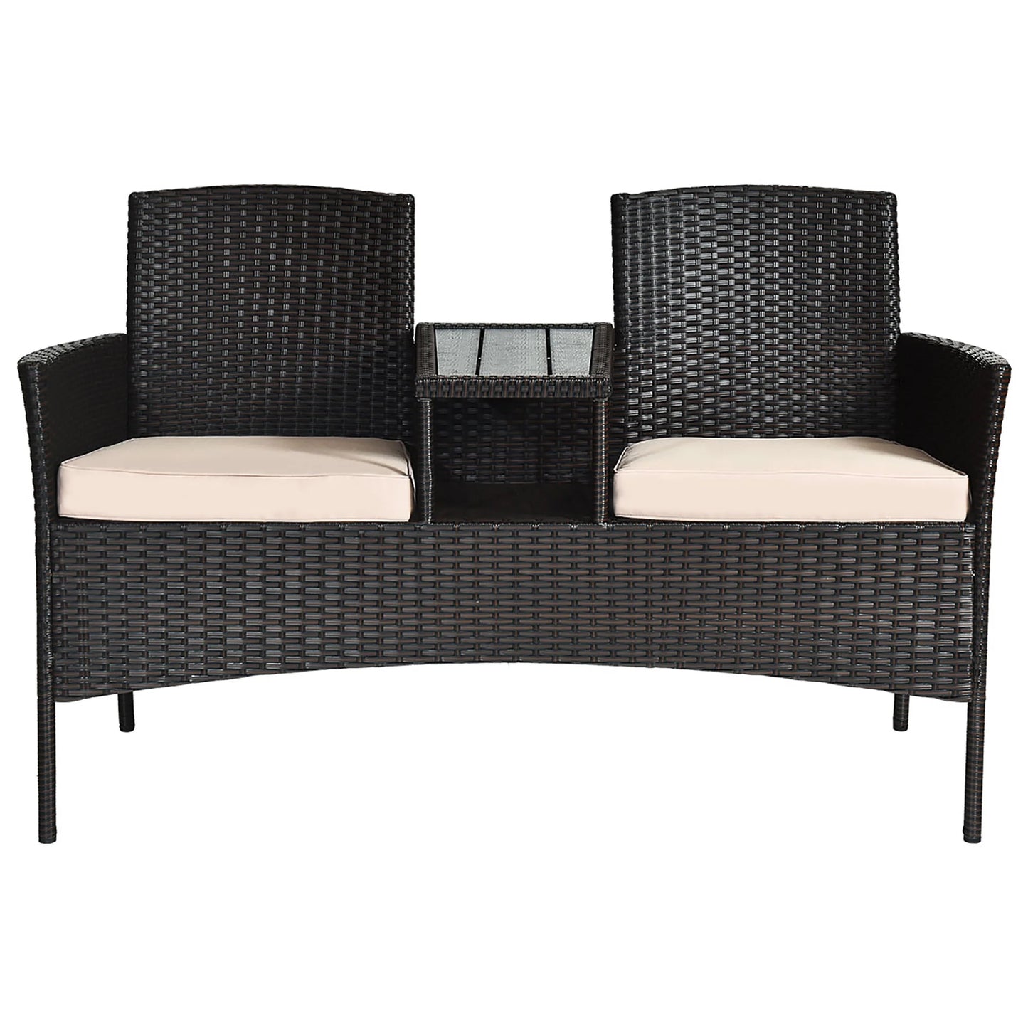 Patio Rattan Conversation Set Loveseat Sofa Cushioned Coffee