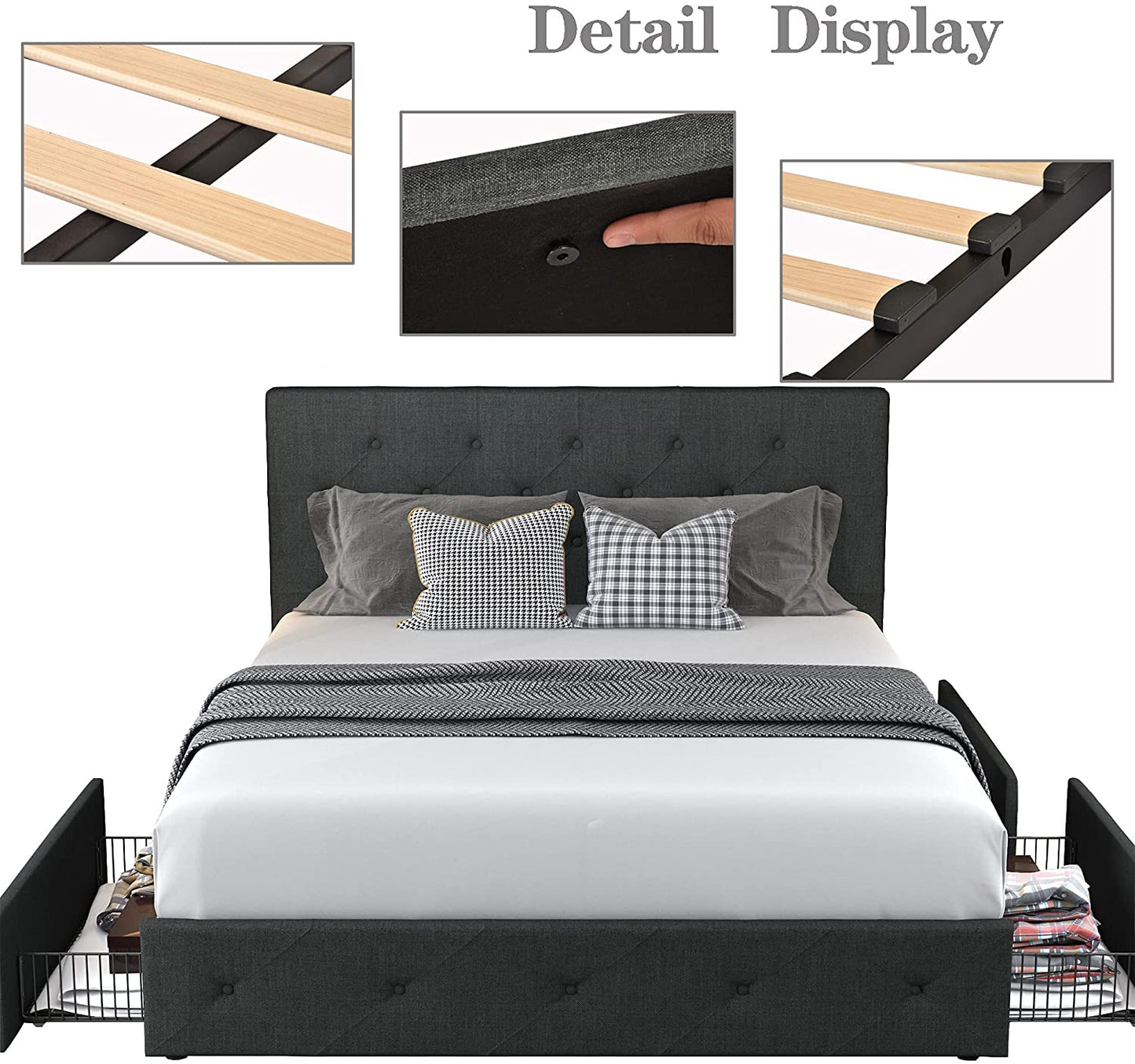 Queen Platform Bed Frame with 4 Drawers Storage and Headboard, Diamond Stitched Button Tufted Upholstered Mattress Foundation with Wood Slat Support, Dark Grey