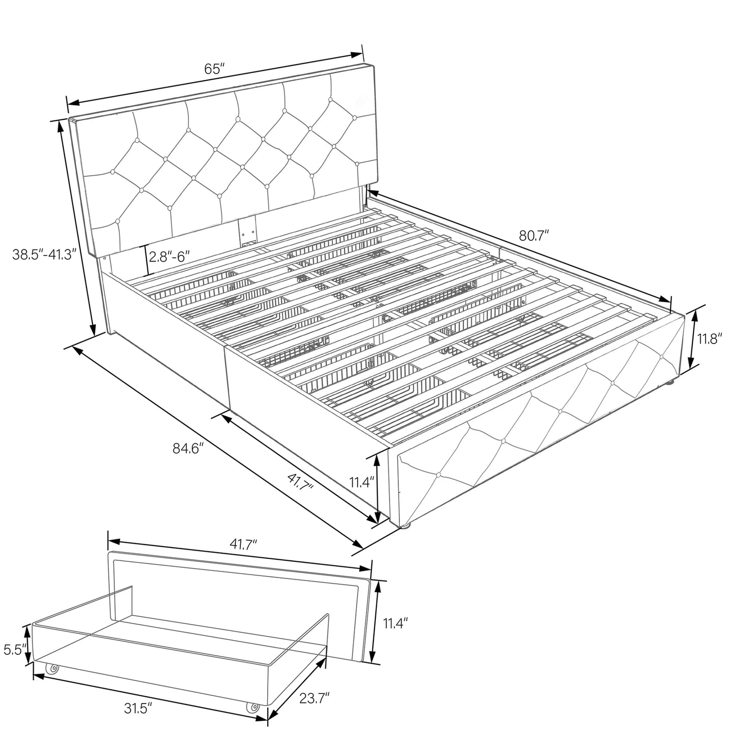 Queen Platform Bed Frame with 4 Drawers Storage and Headboard, Diamond Stitched Button Tufted Upholstered Mattress Foundation with Wood Slat Support, Dark Grey