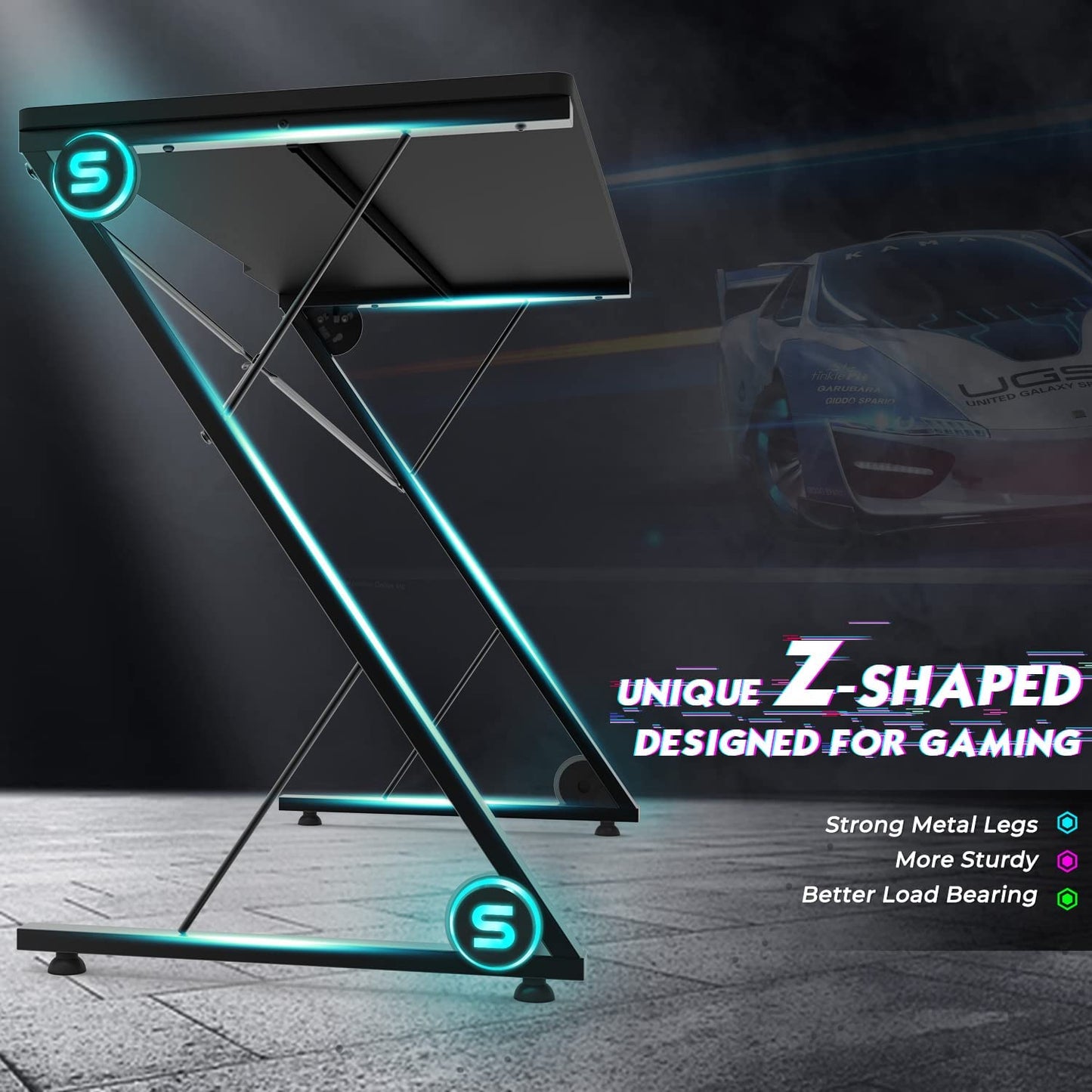 Gaming Desk, Z-Shaped Computer Desk PC Gaming Table, Black Gaming Desk with LED Lights, Home Office Work Desk for Small Spaces