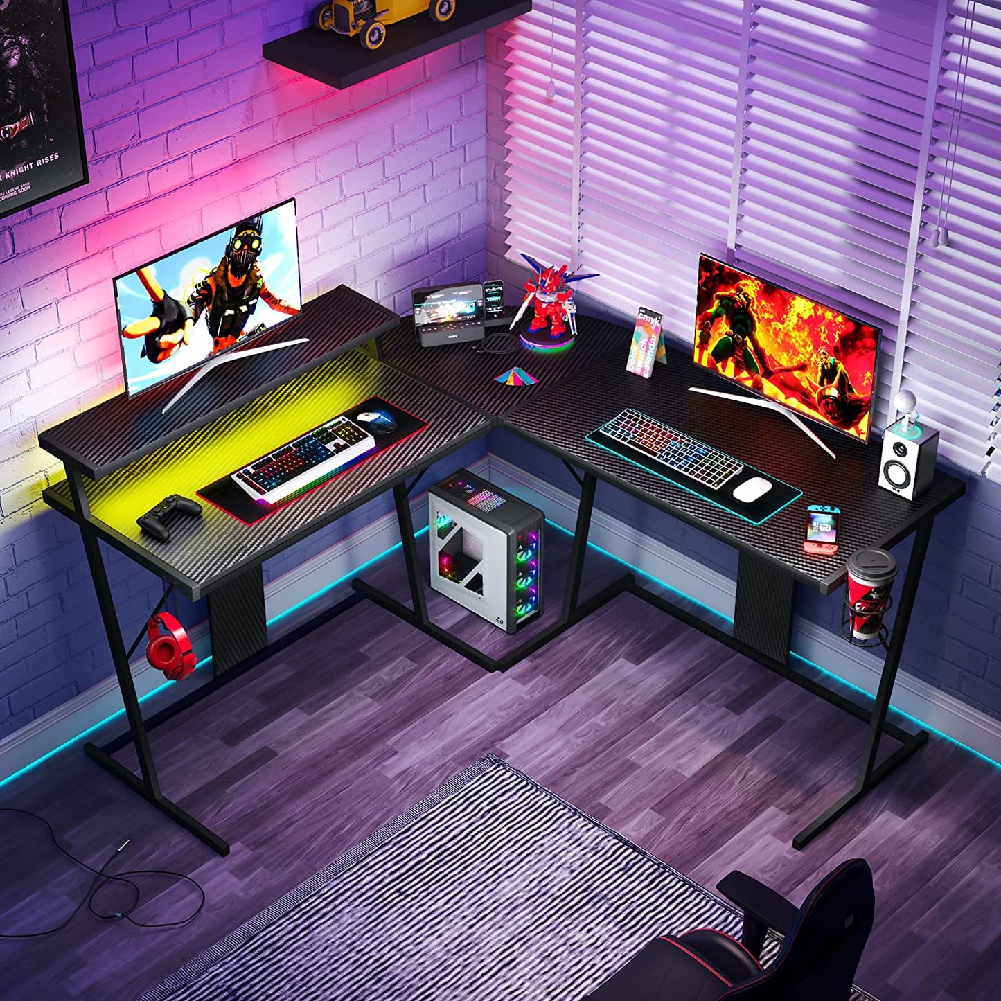 Gaming Desk 55 Inch LED L Shaped Computer Corner Desk with 36" Large Monitor Shelf Gamer Desk Workstation Reversible 72" Long Desk for 2 Persons Cup Holder Headset Hook, Carbon Fiber Black
